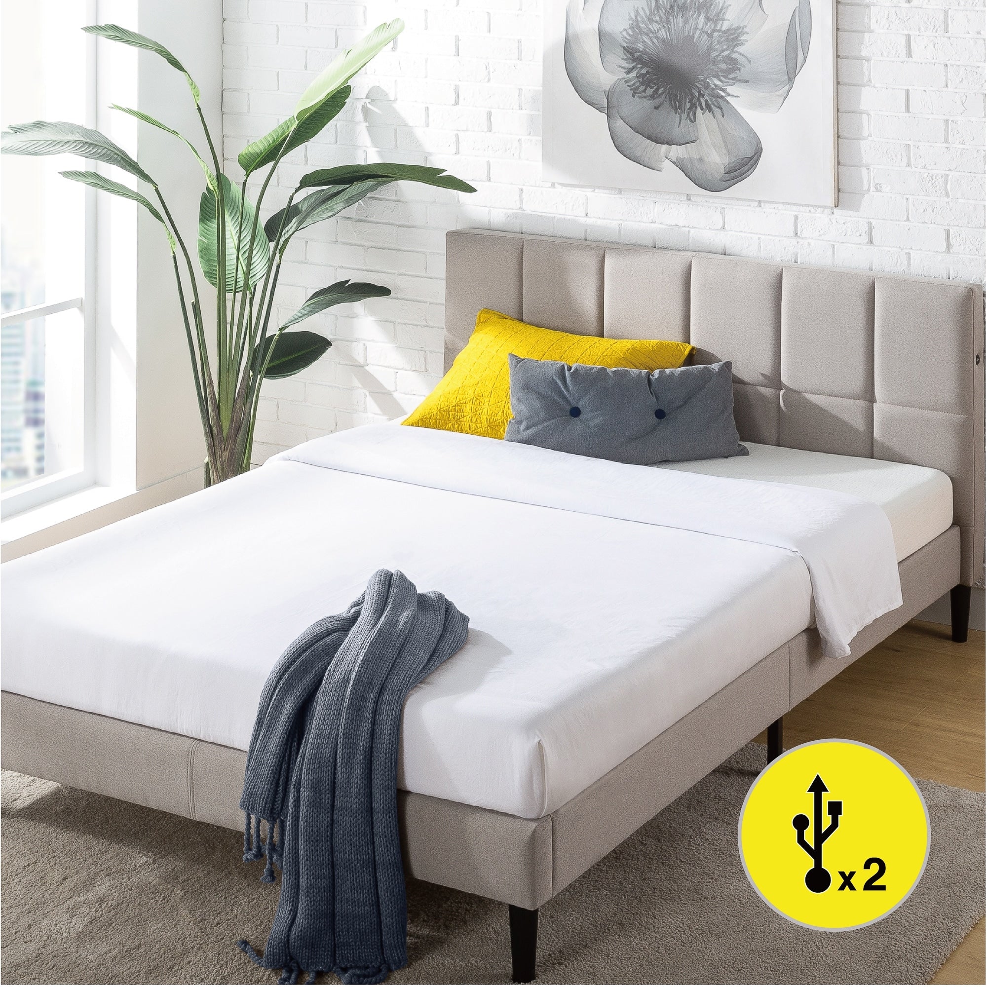 Priage By Zinus Upholstered Square Stitched Platform Bed Frame With Short Headboard And Usb Ports
