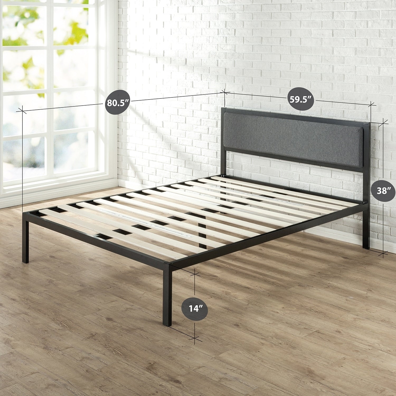 Priage By Zinus Black Steel Platform Bed Frame With Grey Upholstered Headboard