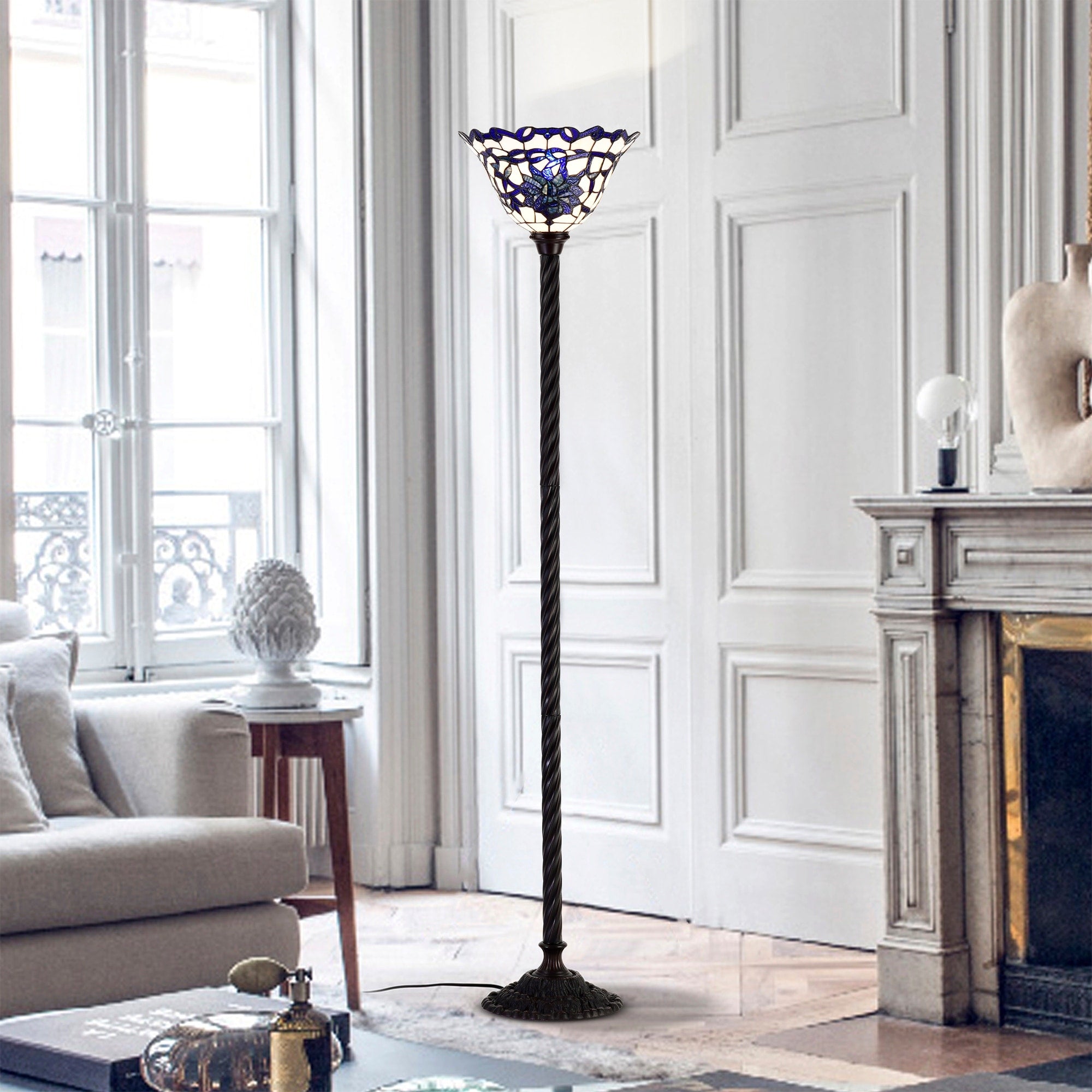 Prim Blue White Glass Bronze Tiffany Style Torchiere Lamp
