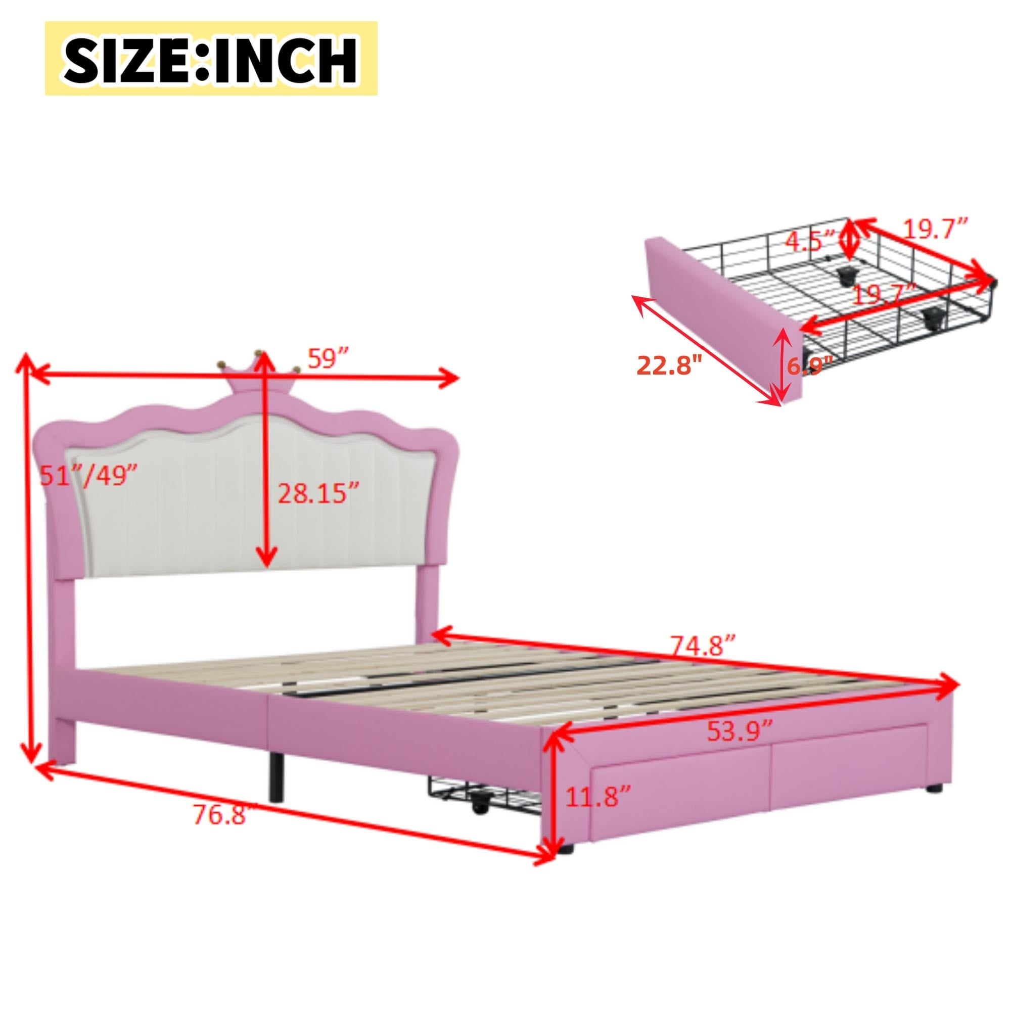Princess Bed With Crown Headboard Upholstered Bed Frame With Led Lights