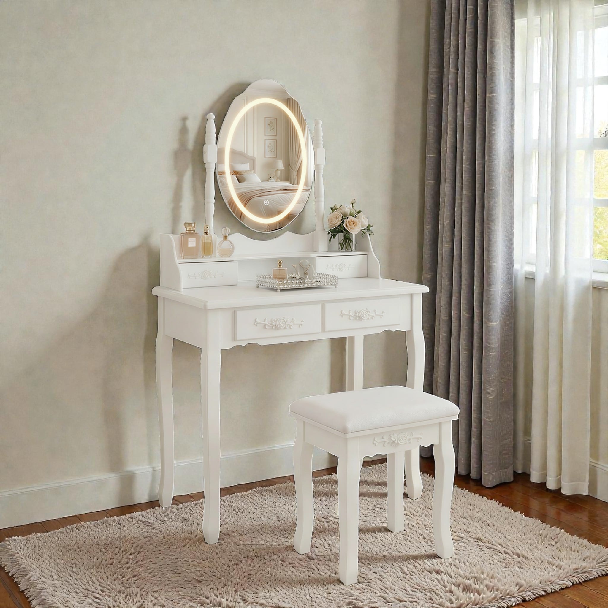 Princess Vanity Desk Set With Led Light Mirror And Cushioned Stool 4 Drawer Makeup Vanity Table For Girls Bedroom