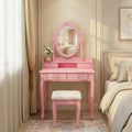 Princess Vanity Desk Set With Mirror Cushioned Stool 4 Drawer Wooden Makeup Vanity Table With Ample Storage