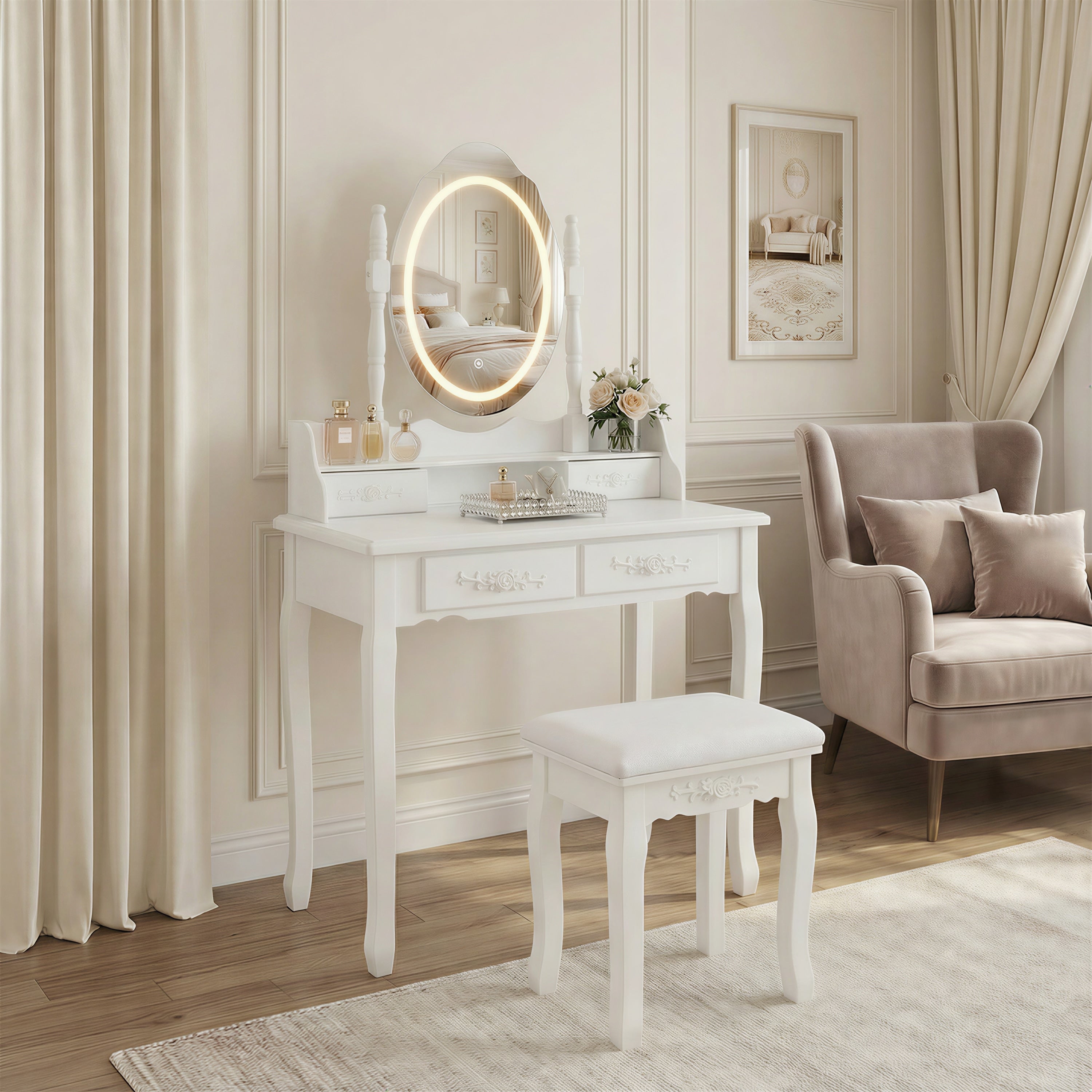 Princess Vanity Desk Set With Mirror Cushioned Stool Light Modes 4 Drawer Wooden Makeup Vanity Table With Ample Storage