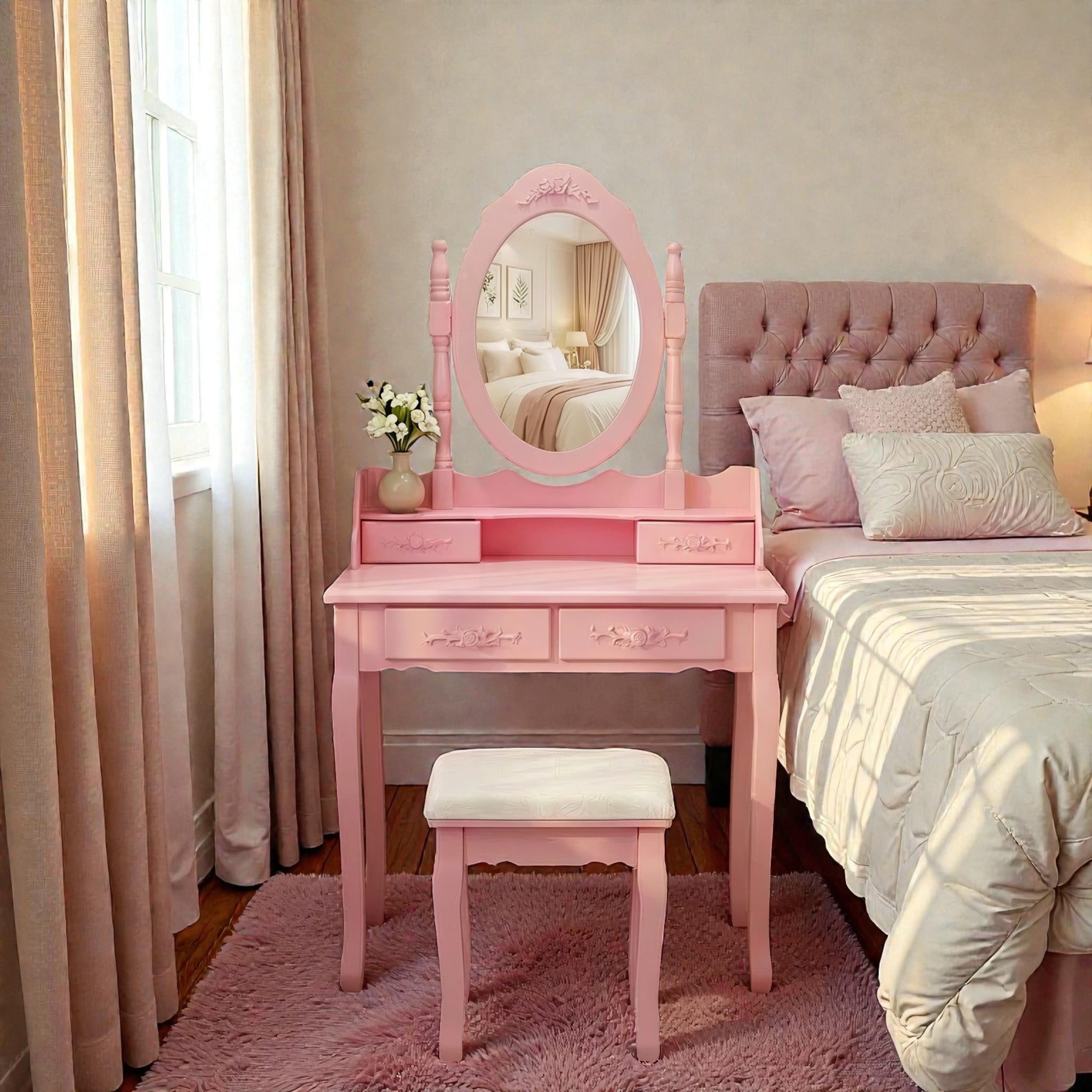 Princess Vanity Desk Set With Mirror And Stool 4 Drawer Makeup Vanity Table With Storage For Girls Bedroom