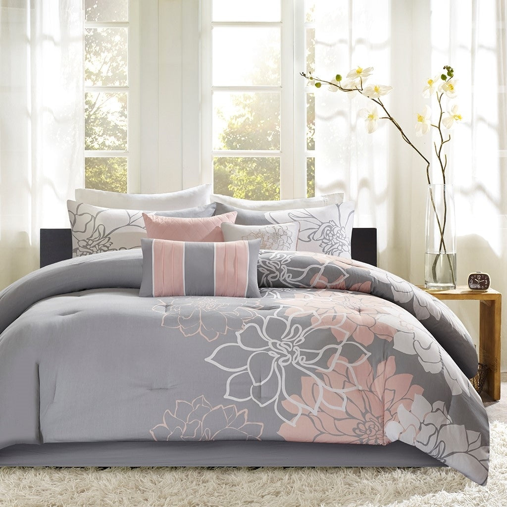 Printed Cotton Sateen Comforter Set Grey Peach Queen