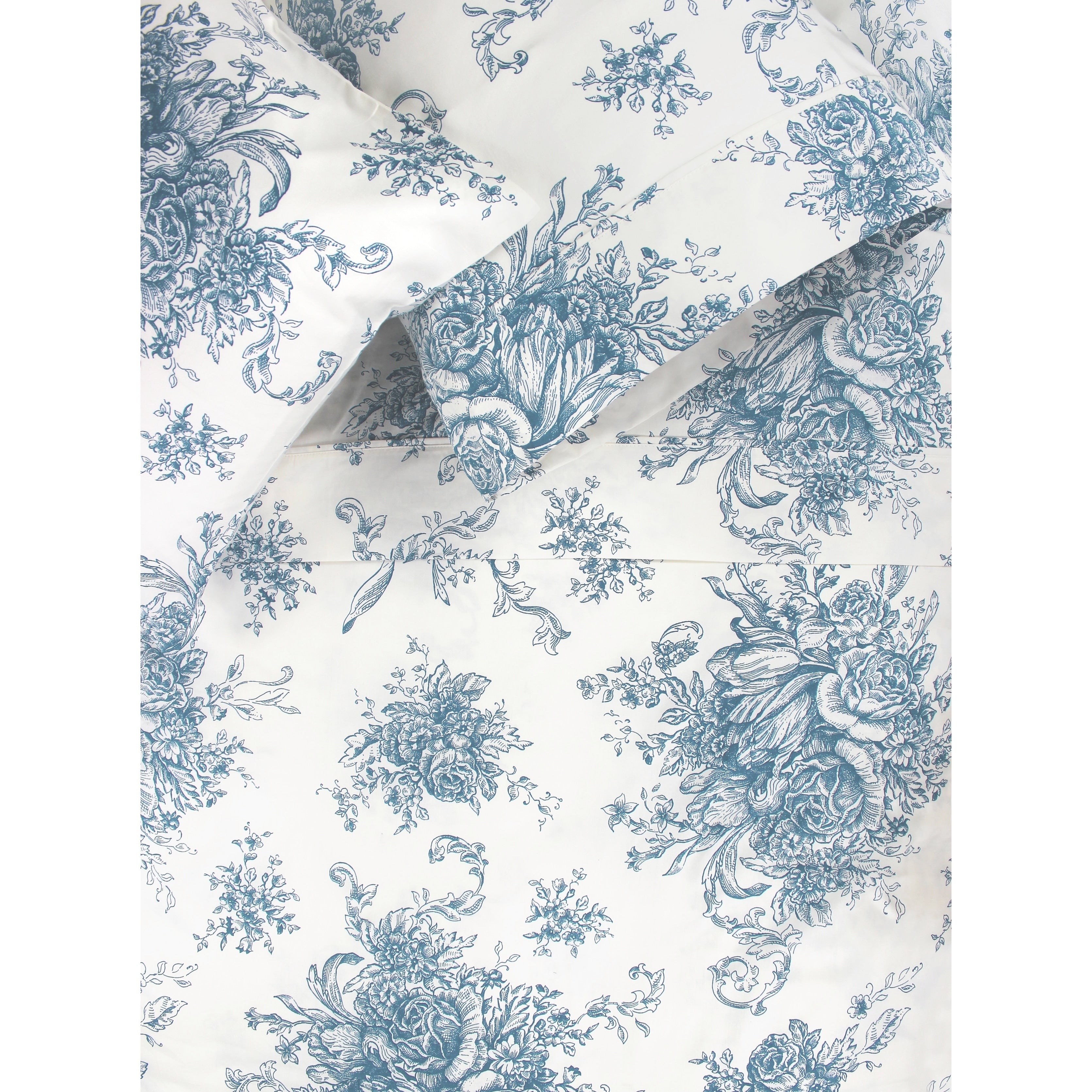 Printed Design Cotton Collection 400 Thread Count Light Blue Toile Sheet Set