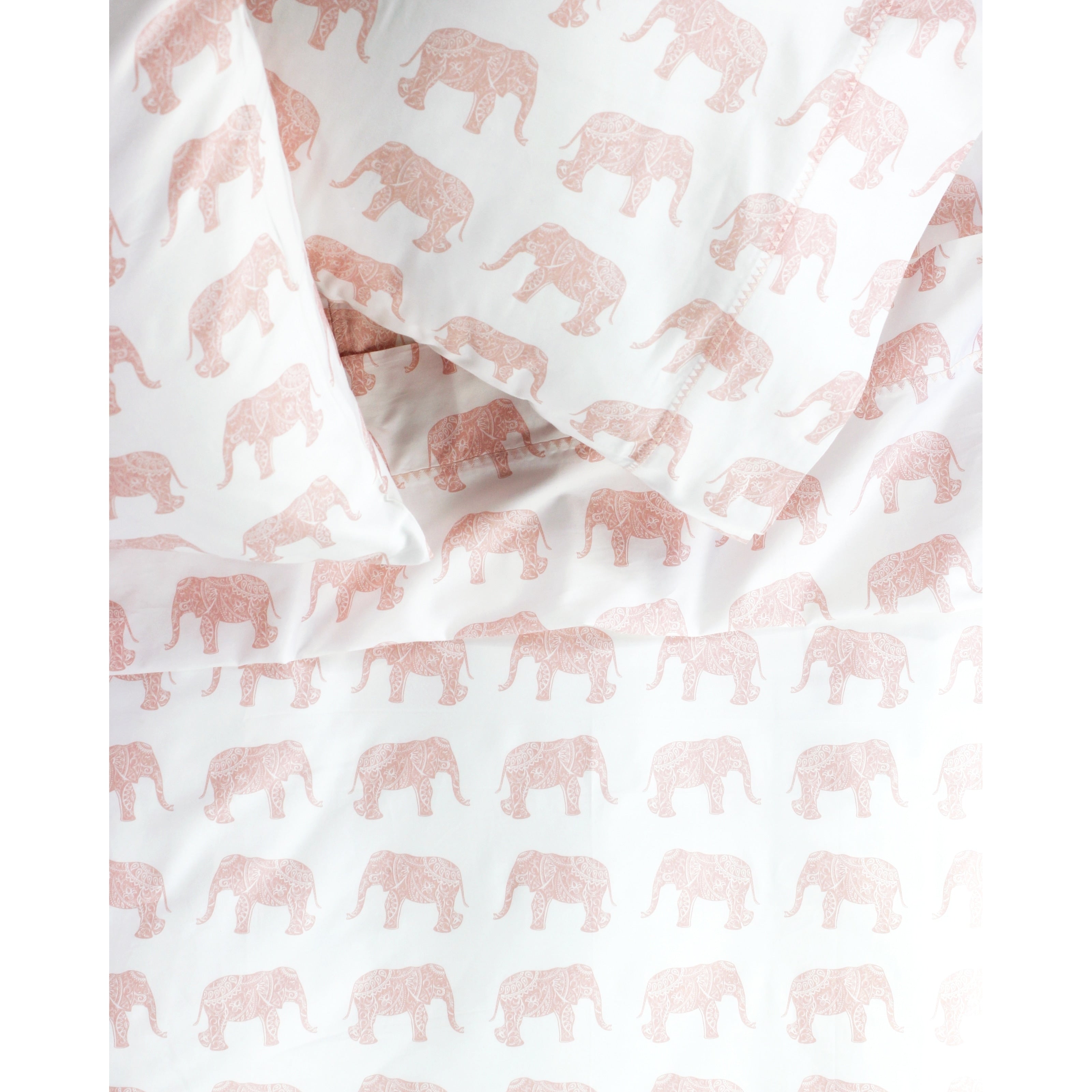 Printed Design Cotton Collection 400 Thread Count Pink Elephants Embroidered Sheet Set