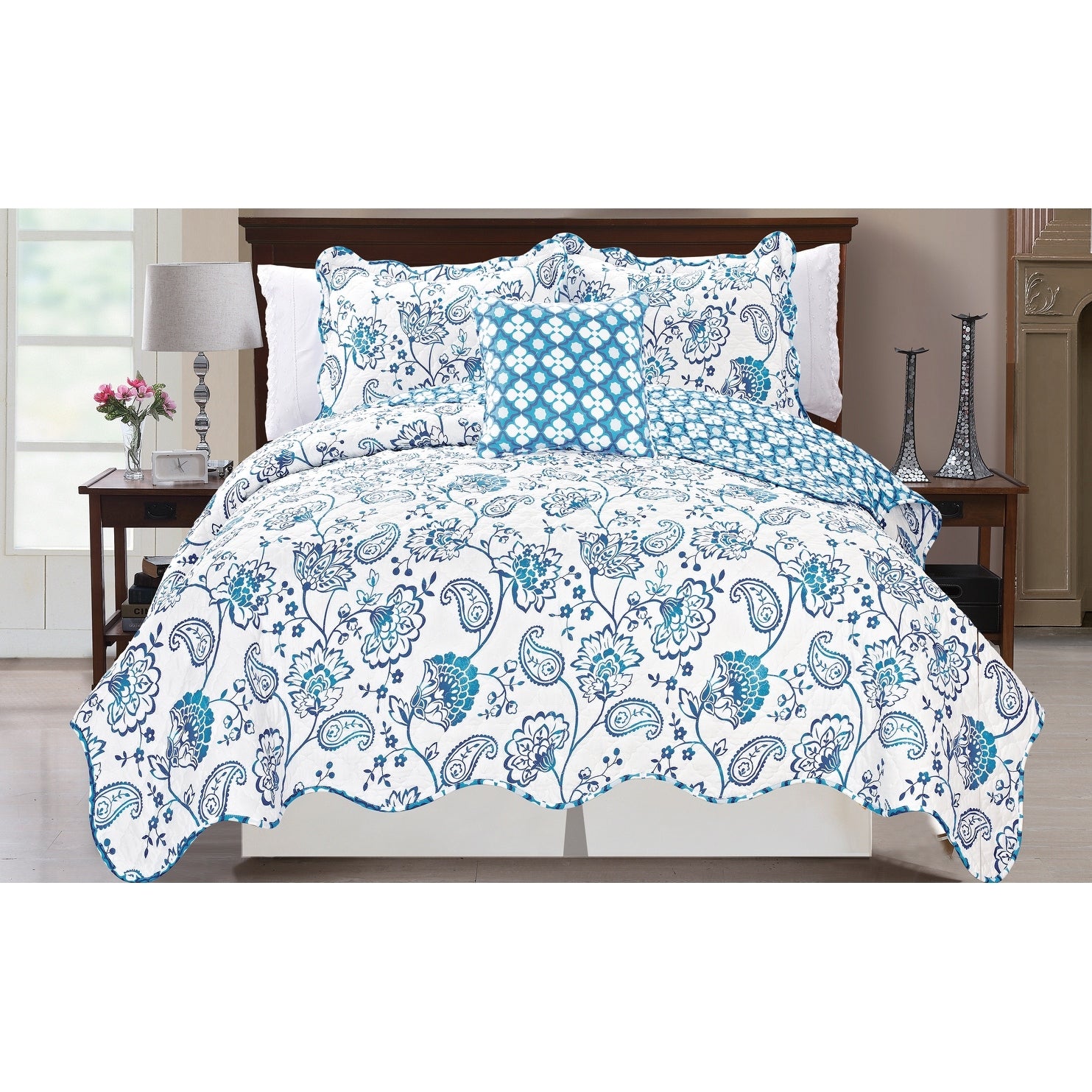 Printed Paisley Flower 4 Piece Reversible Quilted Coverlet Set