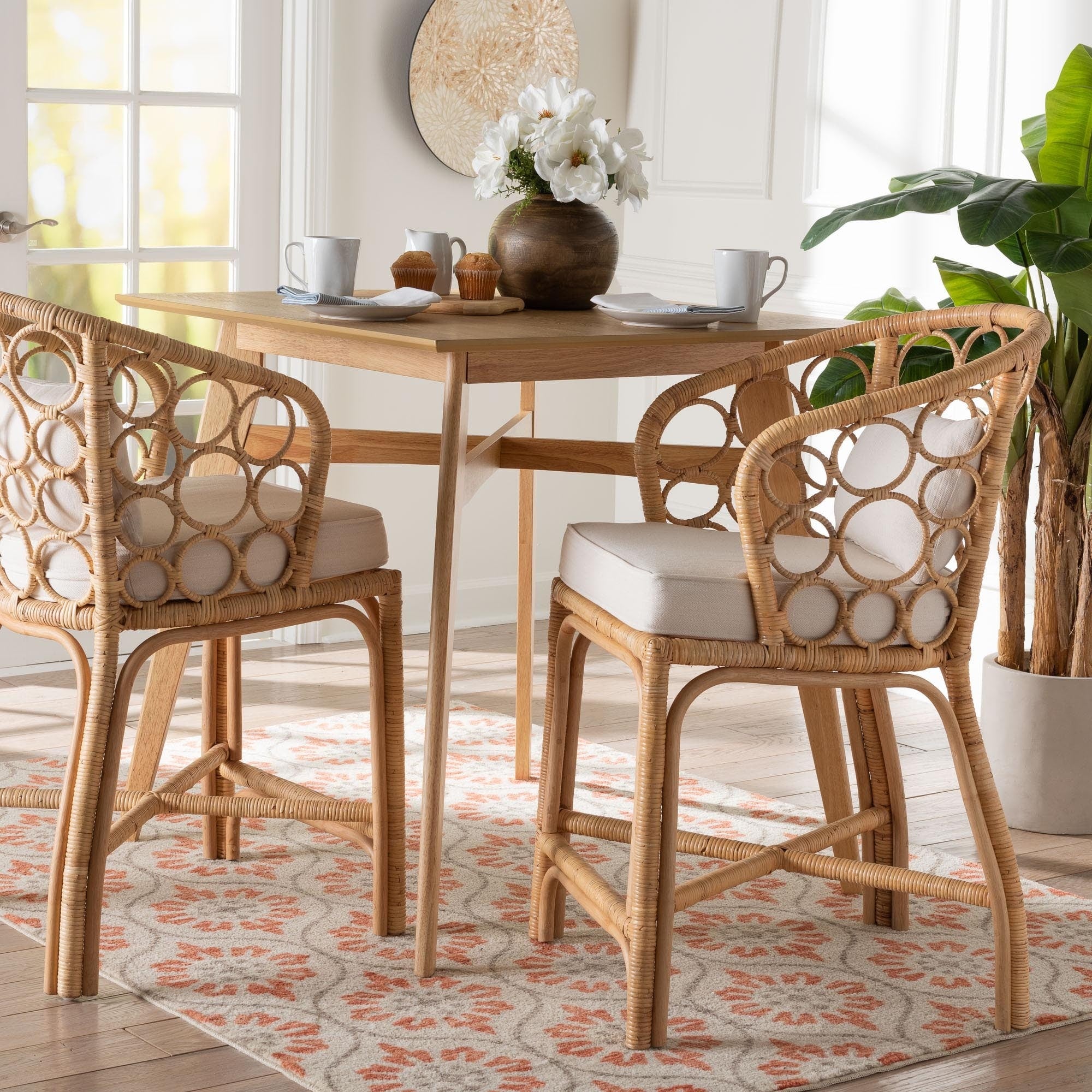 Prisca Natural Rattan Counter Stool With Bubble Frame Handwoven Wicker Accent Stool With Round Back And Removable Cushions