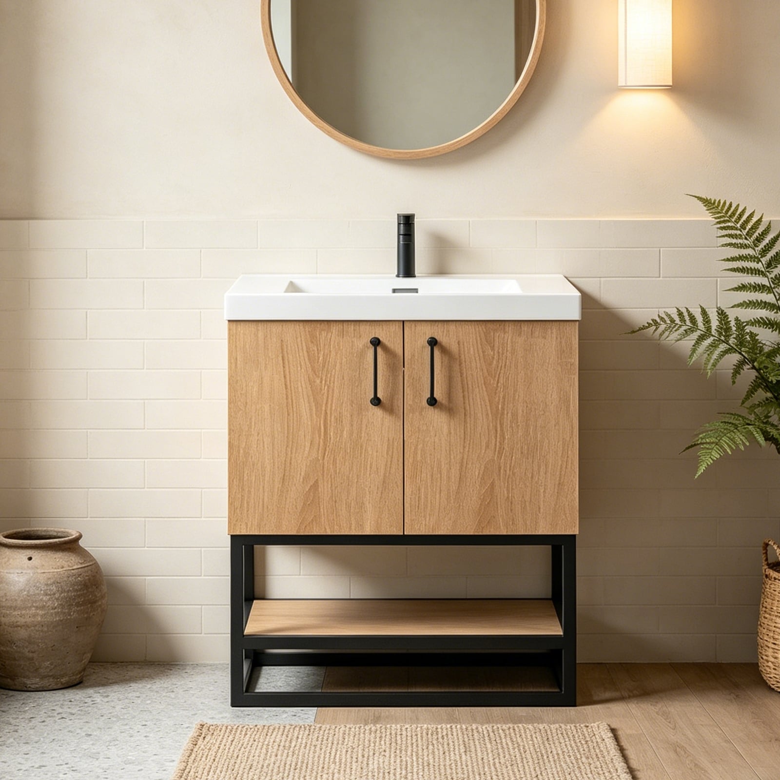 Prismella 24 30 Oak Black Bathroom Vanity With Open Bottom Shelf