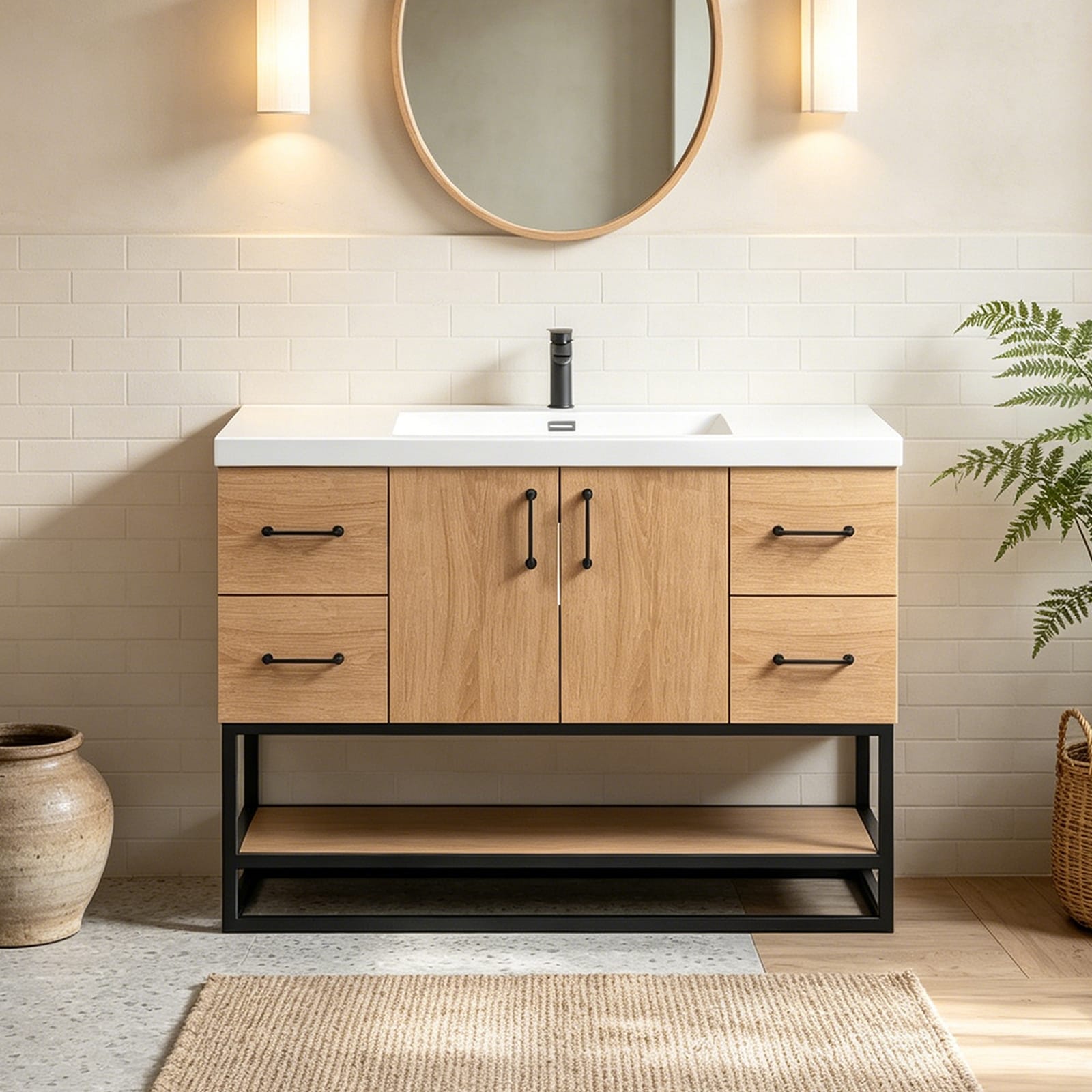 Prismella 36 48 Oak Black Bathroom Vanity With Open Bottom Shelf