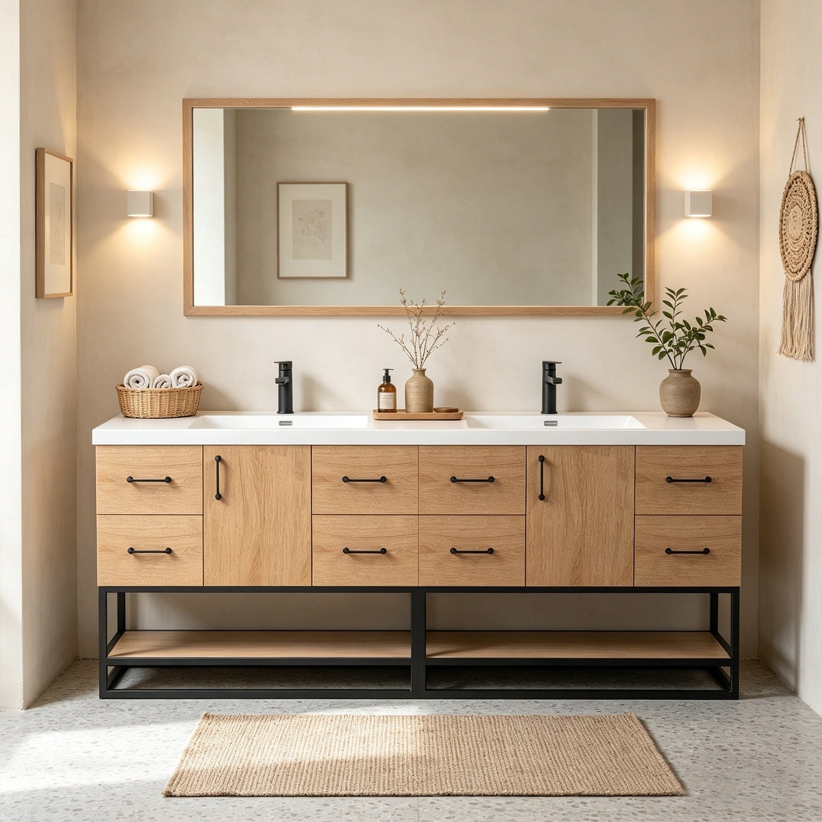 Prismella 60 72 84 Oak Black Bathroom Vanity With Open Bottom Shelf