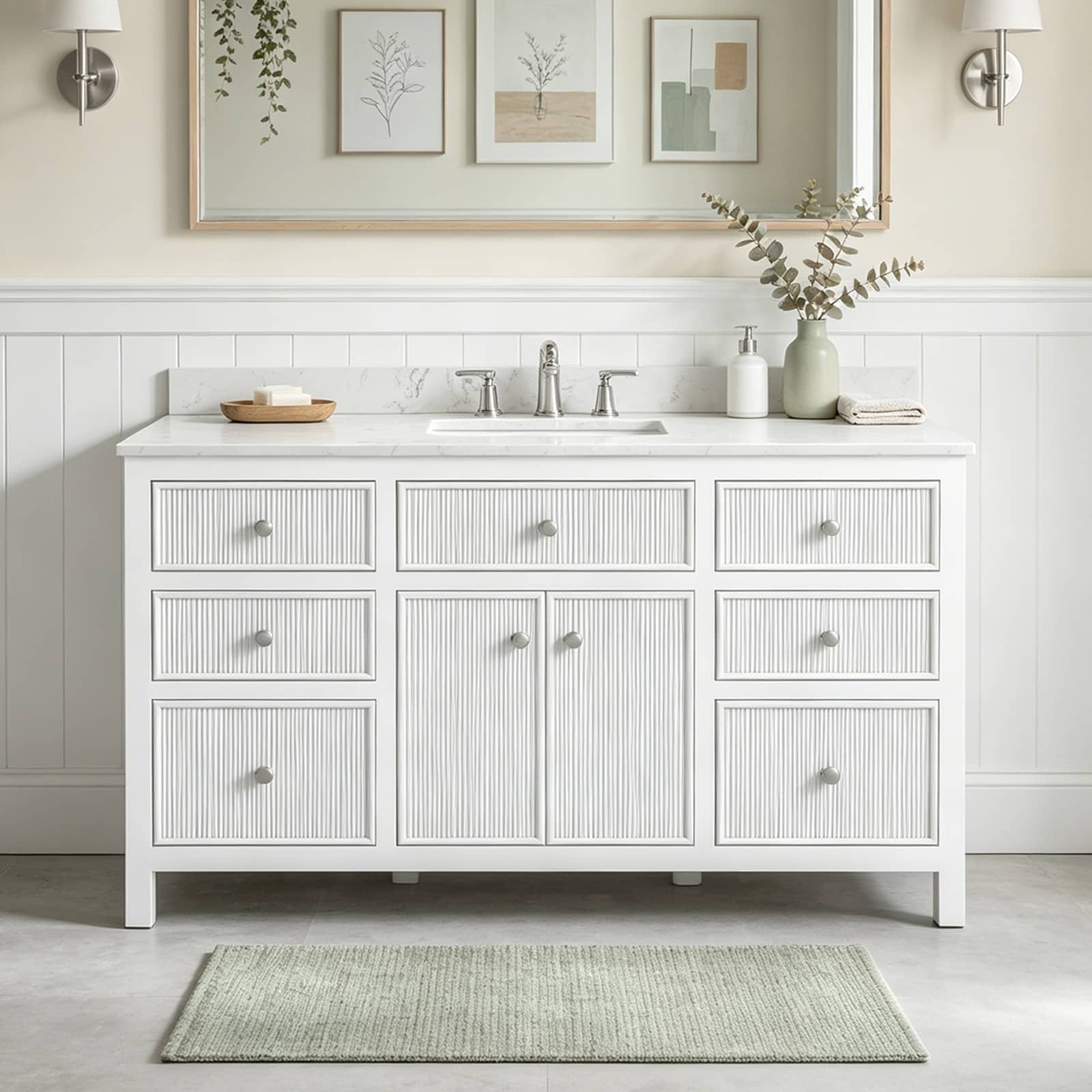 Prismere 60 In. White Grooved Bathroom Vanity With Quartz Top