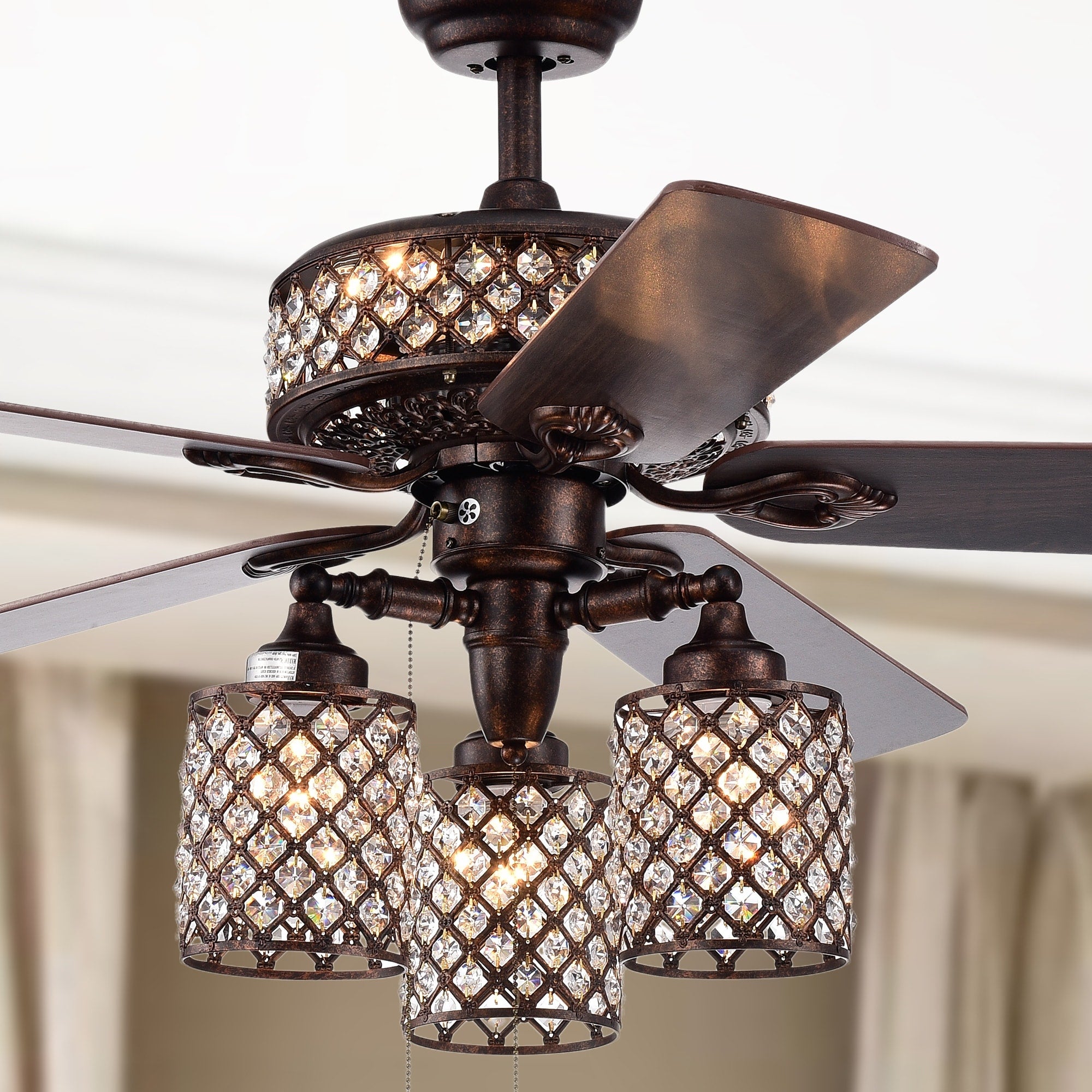 Pristil 5 Blade 52 Inch Rustic Bronze Lighted Ceiling Fans With Crystal Grid Shade