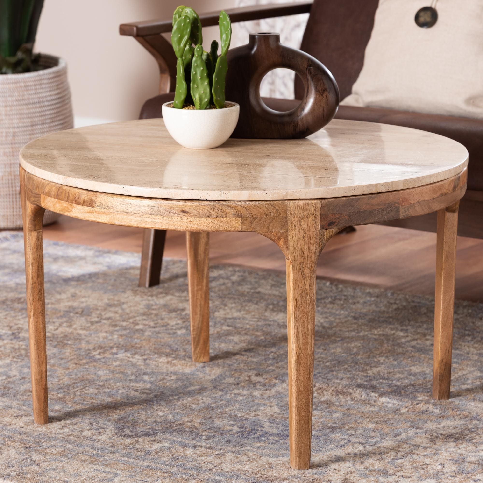 Prospero Round Travertine Coffee Table Modern Accent Table With Mango Wood Frame For Living Room Or Seating Areas