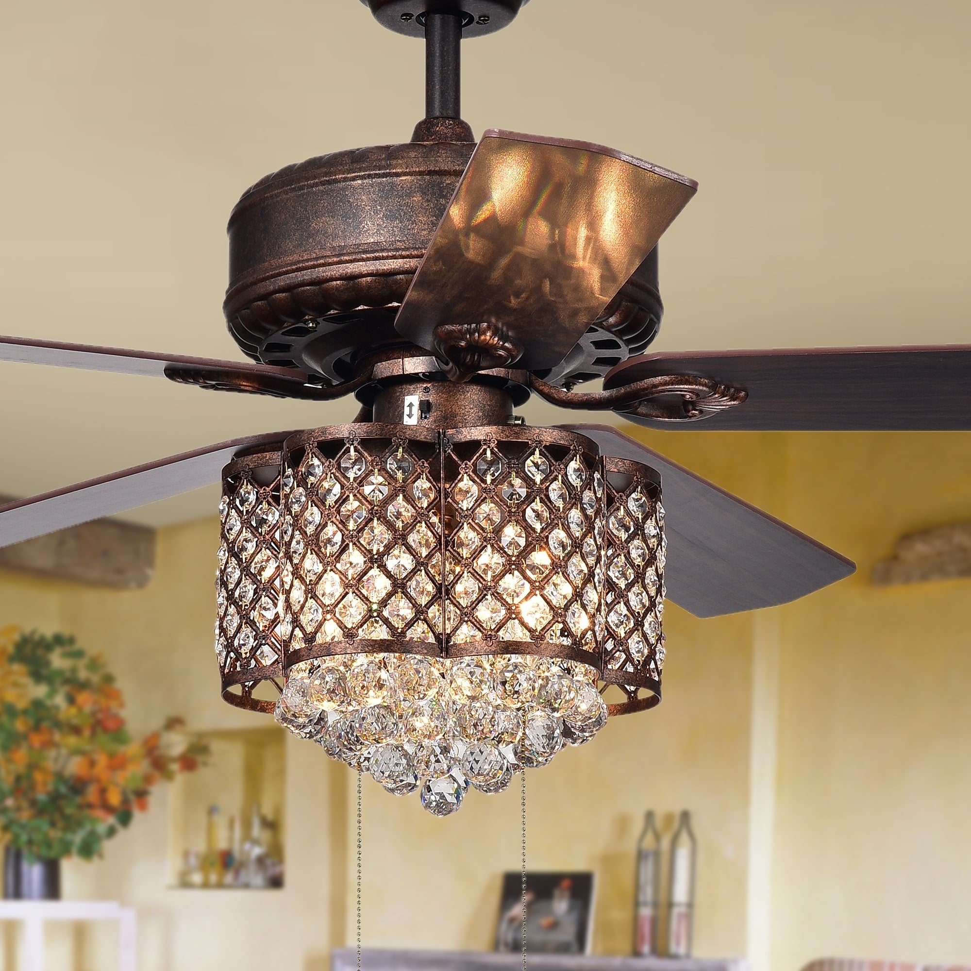 Pshita 3 Light Crystal 5 Blade 52 Inch Rustic Bronze Ceiling Fan Remote Optional