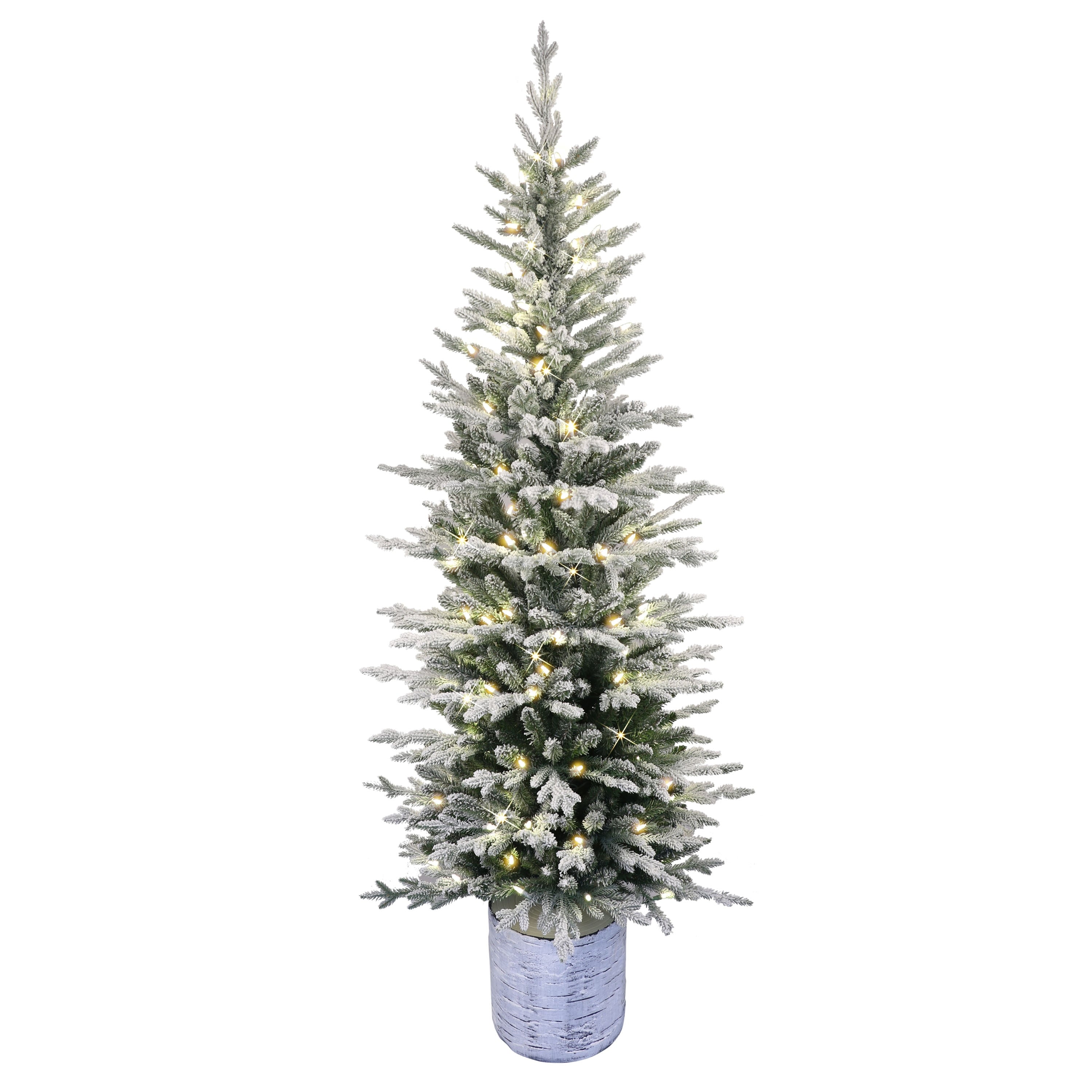 Puleo International 7.5 Pre Lit Potted Flocked Arctic Fir Pencil Artificial Christmas Tree With 230 Warm White Led Lights 7.5
