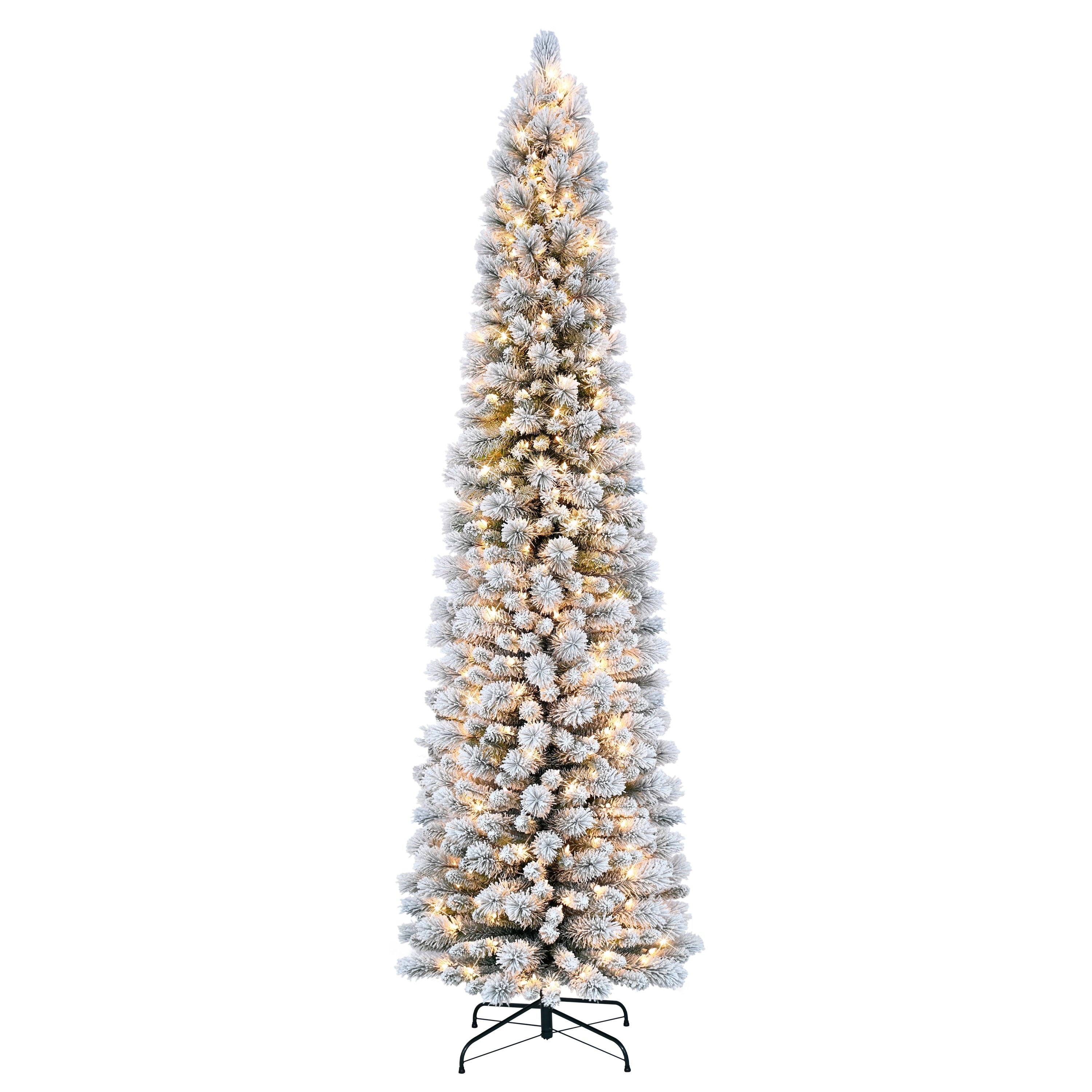 Puleo International 7.5 Ft Flocked Pencil Portland Pine Christmas Tree W 350 Clear Lights