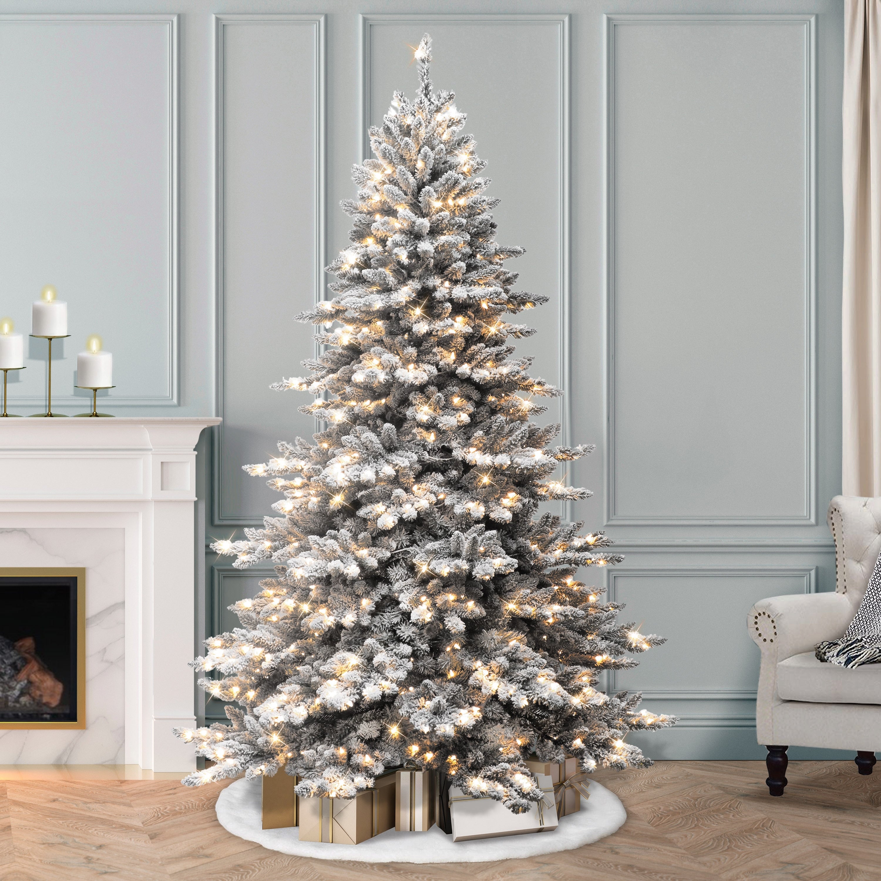 7.5 Pre Lit Flocked Princess Spruce Artificial Christmas Tree With 700 Ul Listed Clear Lights N A