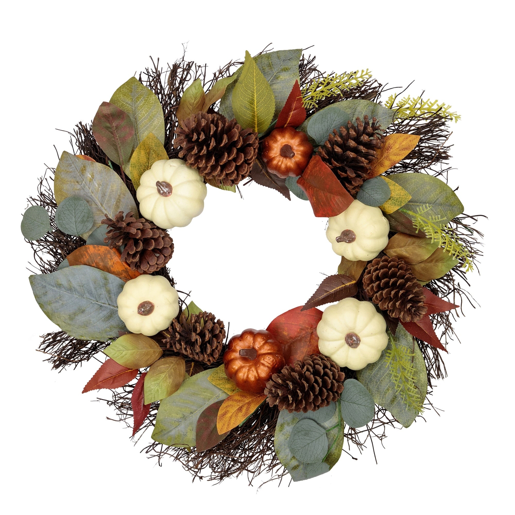 Autumn Harvest Pumpkin Pinecone And Gourd Grapevine Artificial Wreath 24 Inch Unlit