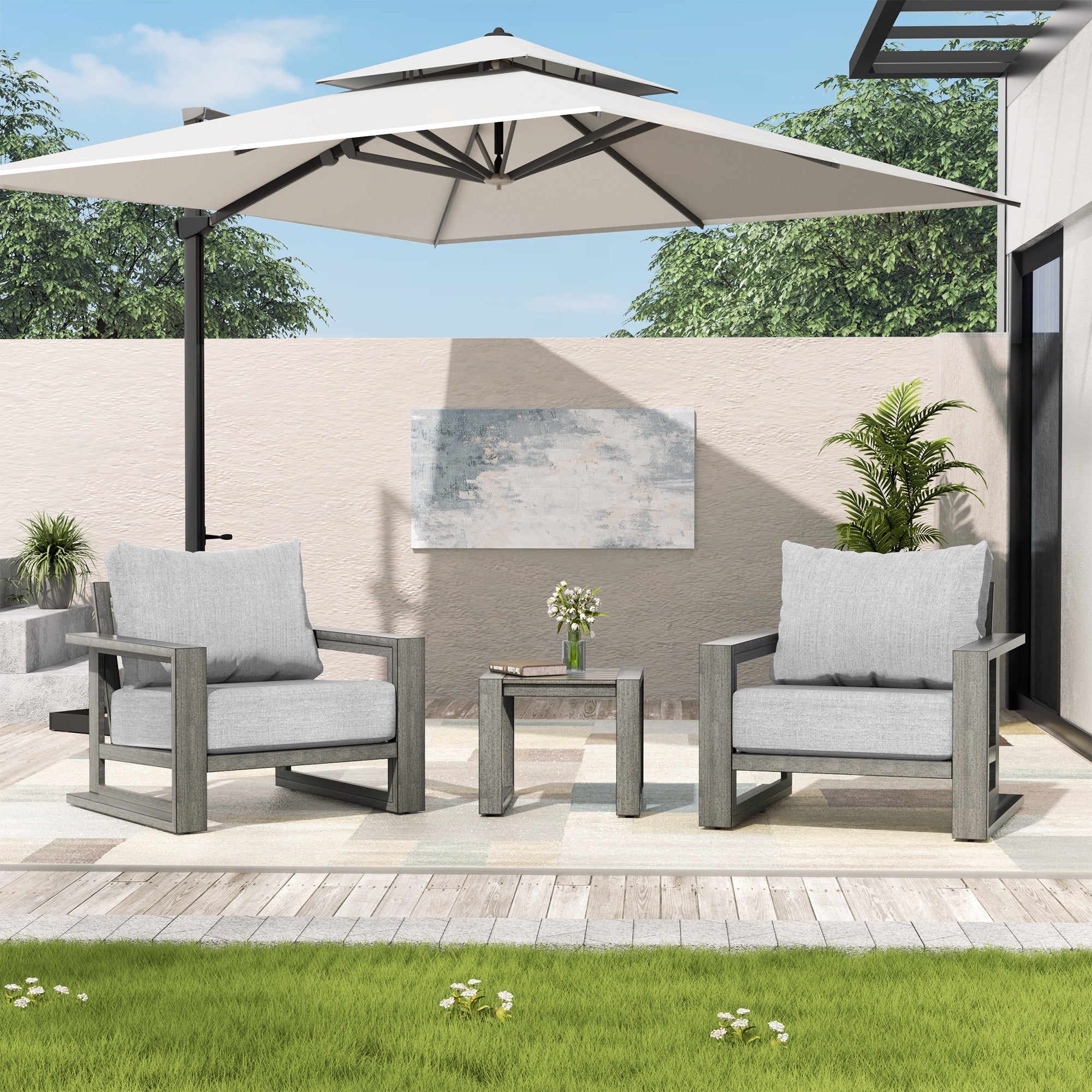 Purescape 3 Piece Hand Painted Aluminum Outdoor Conversation Set With Sunbrella Gray Cushions And Side Table