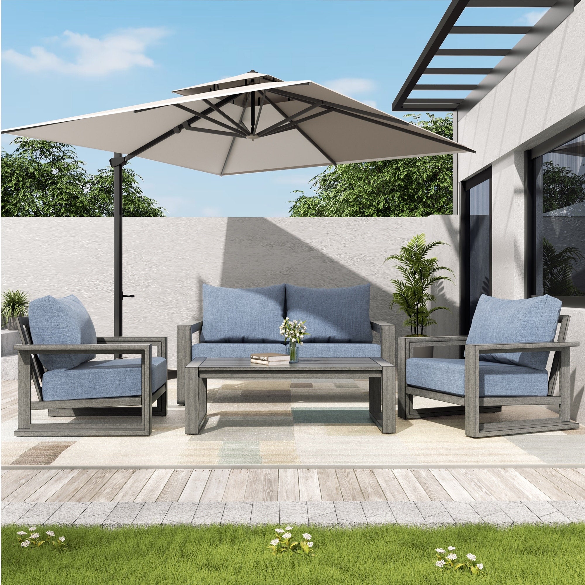 Purescape 4 Piece Hand Painted Aluminum Outdoor Conversation Set With Loveseat Gray Cushions And Coffee Table