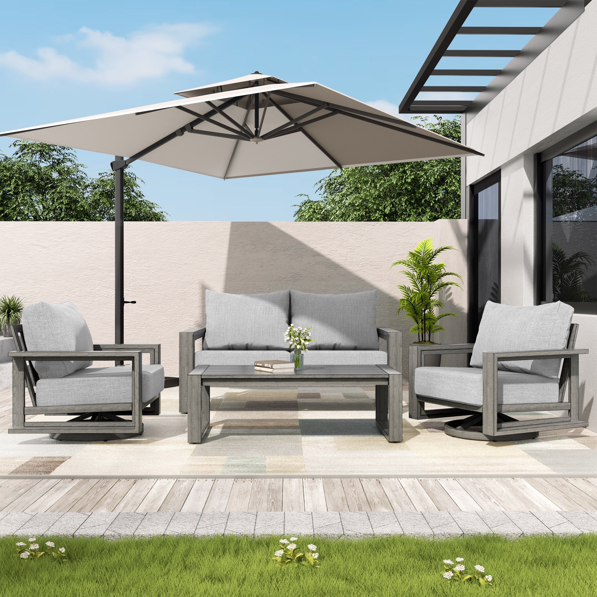 Purescape 4 Piece Hand Painted Aluminum Outdoor Conversation Set With Swivel Chairs Loveseat Gray Cushions And Coffee Table