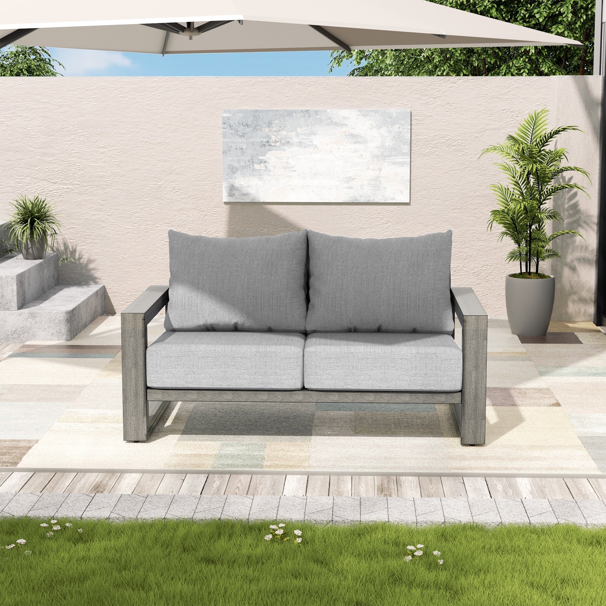 Purescape Hand Painted Aluminum Outdoor Loveseat With Sunbrella Gray Cushions