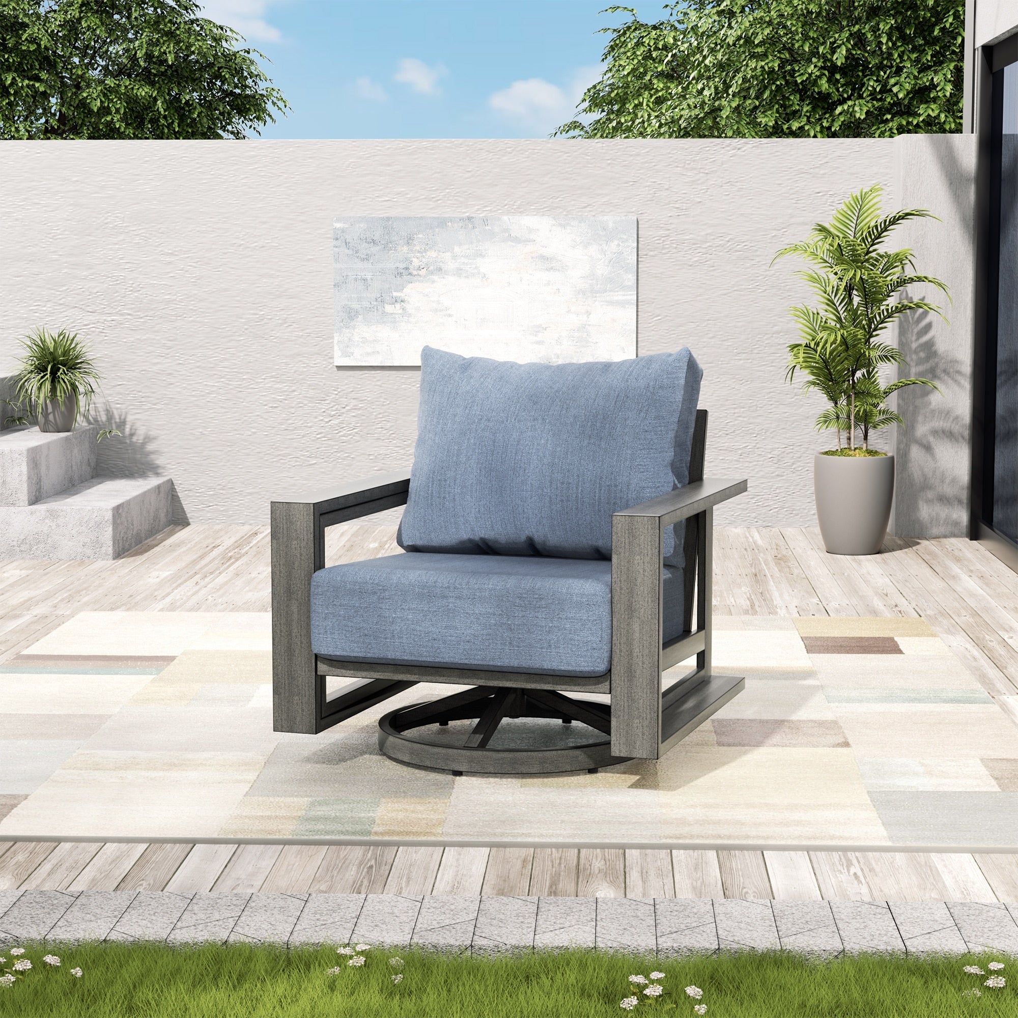 Purescape Hand Painted Aluminum Outdoor Swivel Lounge Chair With Sunbrella Gray Cushions