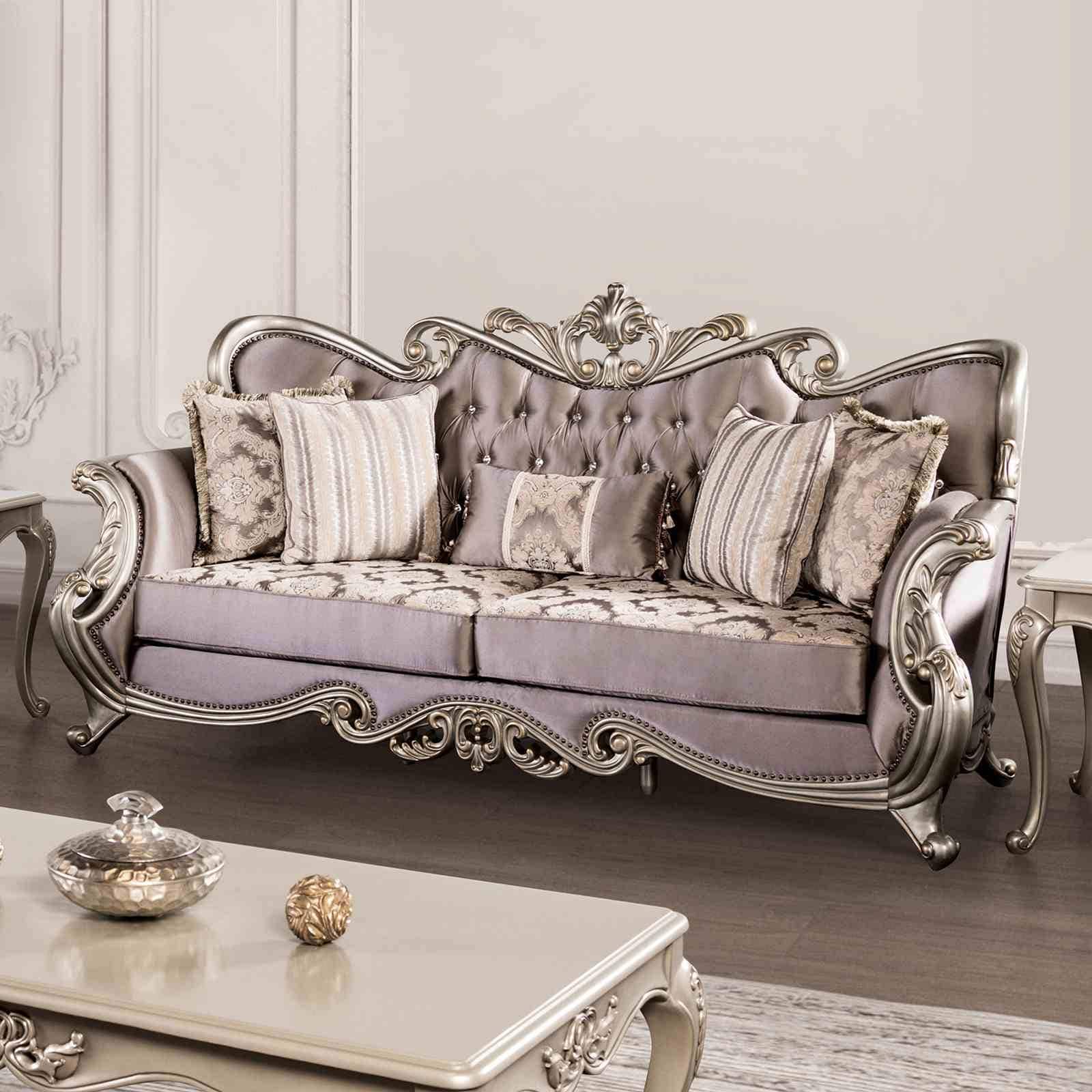 Purple Finish Upholstered Tufted Carved Details 1Pc Sofa