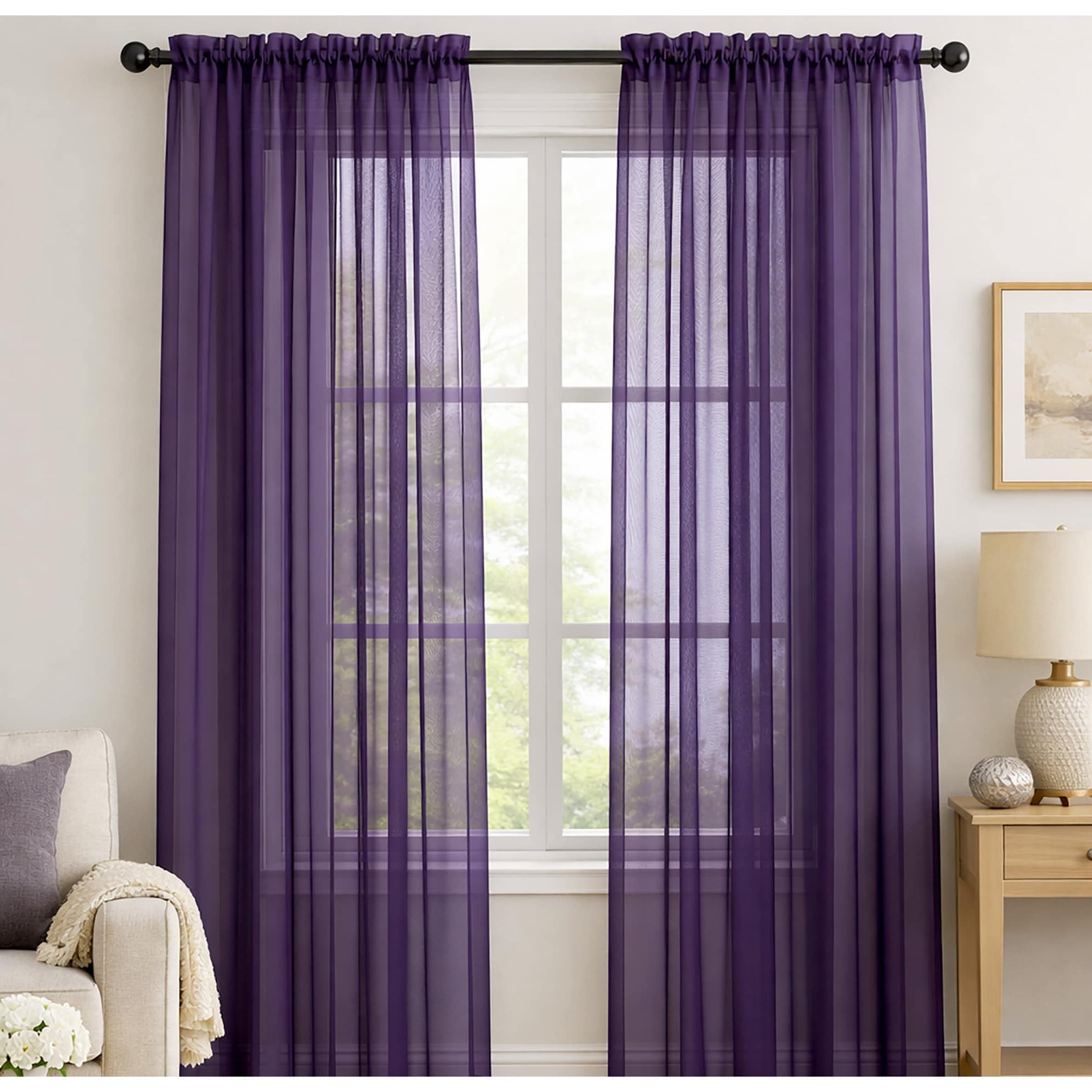 Purple Sheer Window Rod Pocket Curtain Set 90 Inches Long 2 Panels