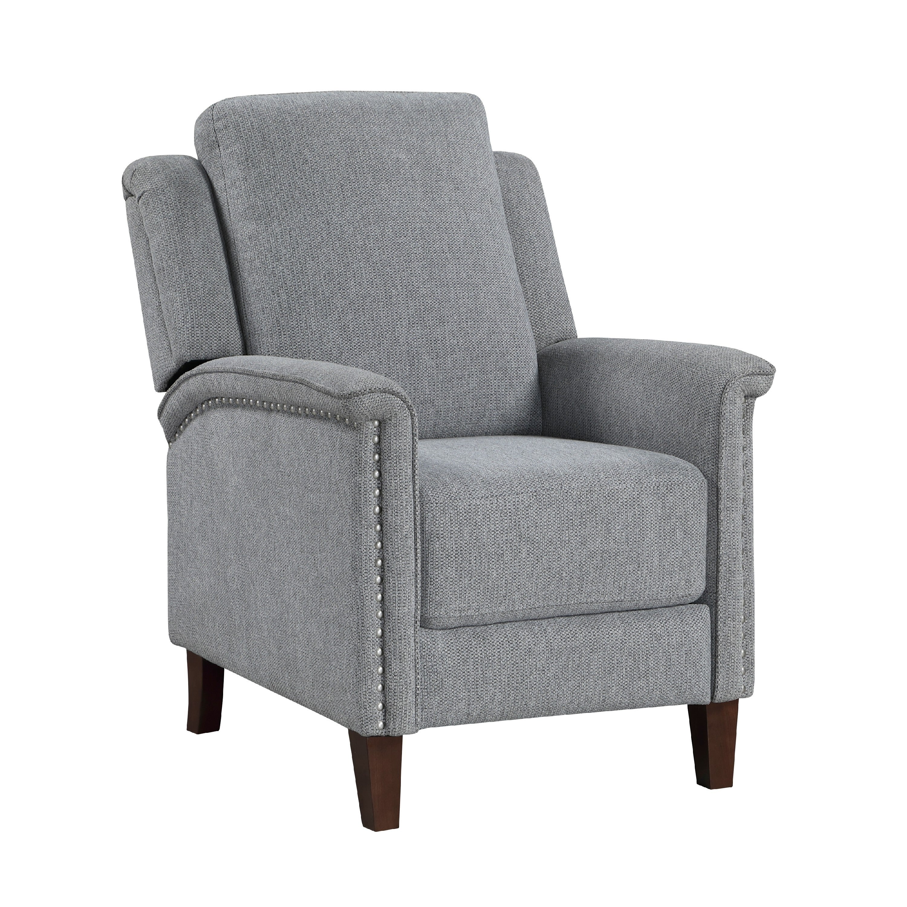 Push Back Recliner Chair Gray Chenille Nailhead Trim Dark Brown