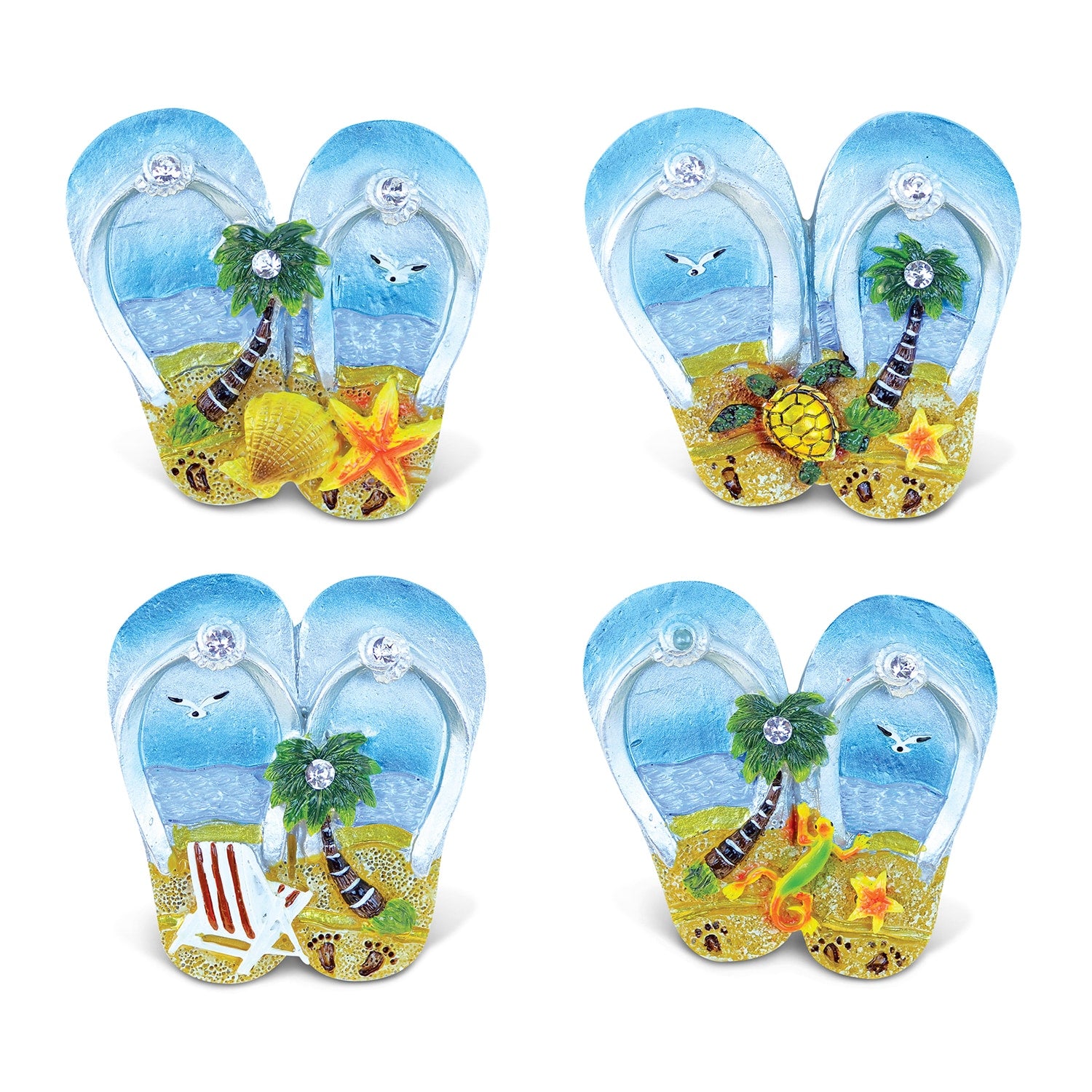Puzzled Flip Flops Multicolor Resin Refrigerator Silver Beach Magnets Pack Of 4