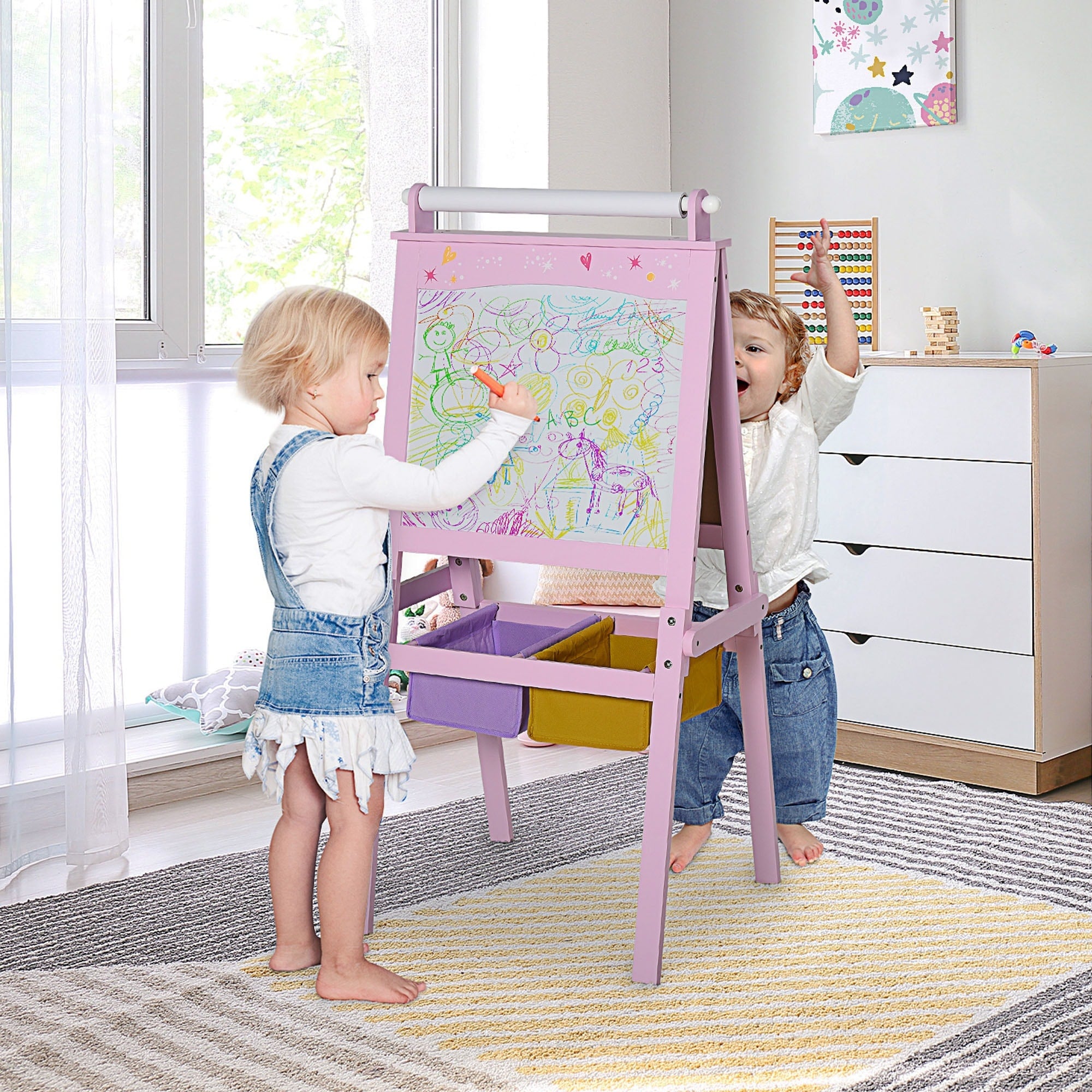 Qaba 3 In 1 Kids Wooden Art Easel With Paper Double Sided Chalkboard Whiteboard With Storage For Age 3 Years Pink.