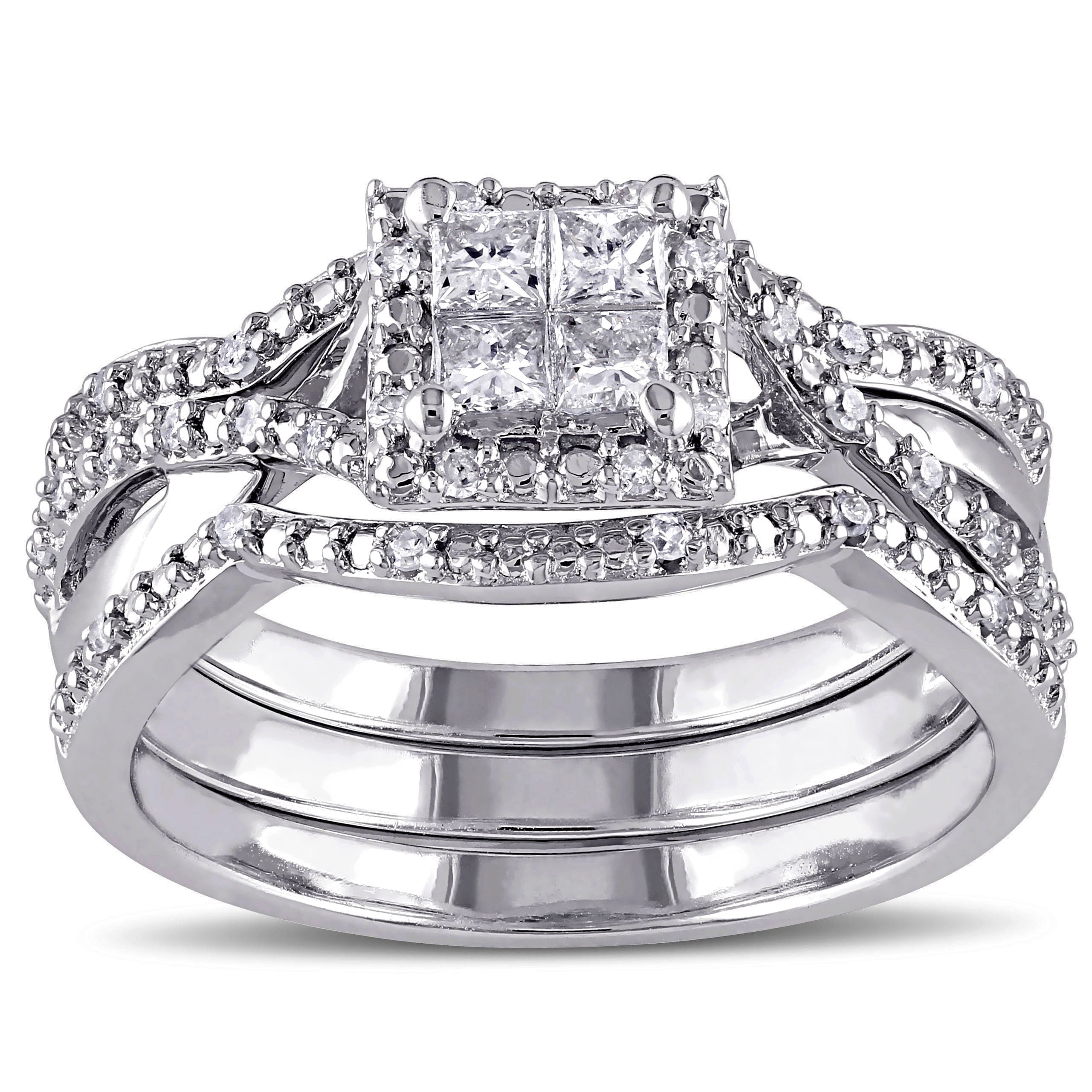 Miadora Sterling Silver 1 2Ct Tdw Princess Cut Quad White Diamond Interlaced Halo 3 Piece Bridal Ring Set