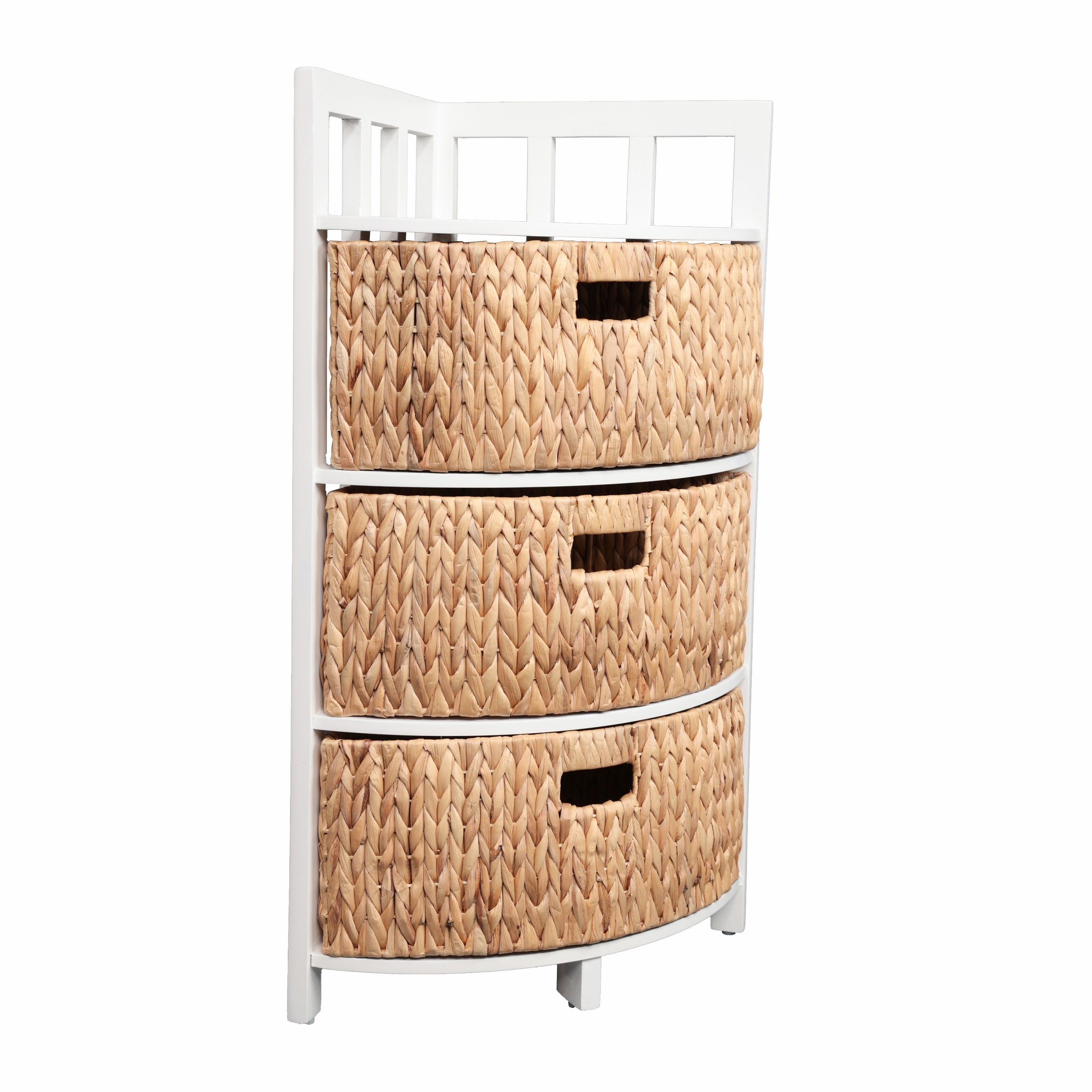 Quart 34 In. H Handcrafted Acacia Wood 3 Tier Corner Storage Cabinet With 3 Water Hyacinth Baskets
