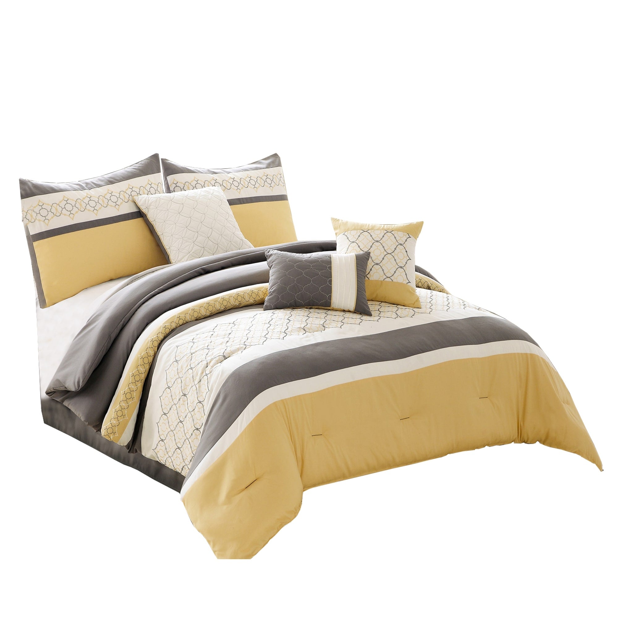 Quatrefoil Print Queen Size 7 Piece Fabric Comforter Set Yellow And Gray