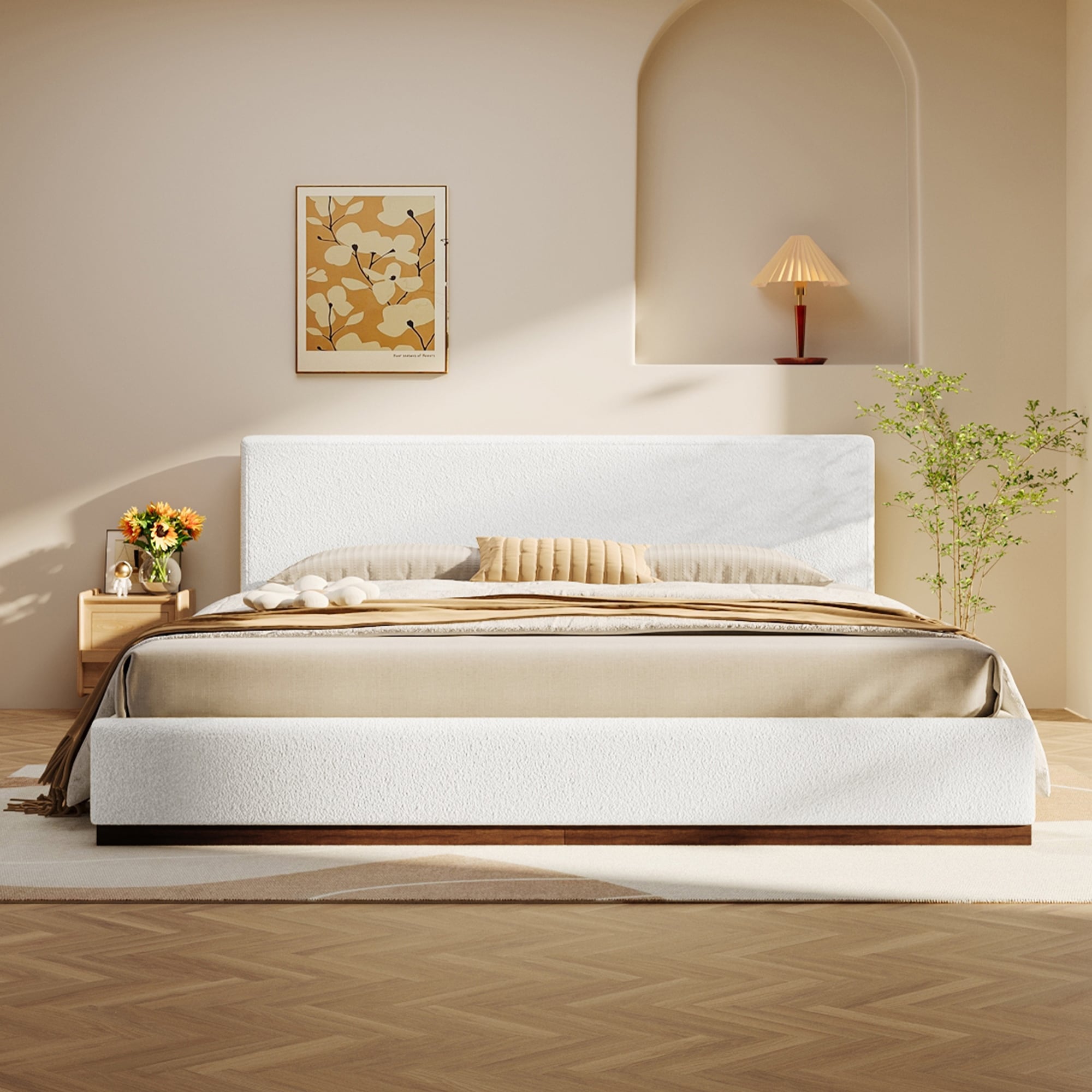 Queen King Elegant White Fabric Upholstered Bed With Solid Wood Base