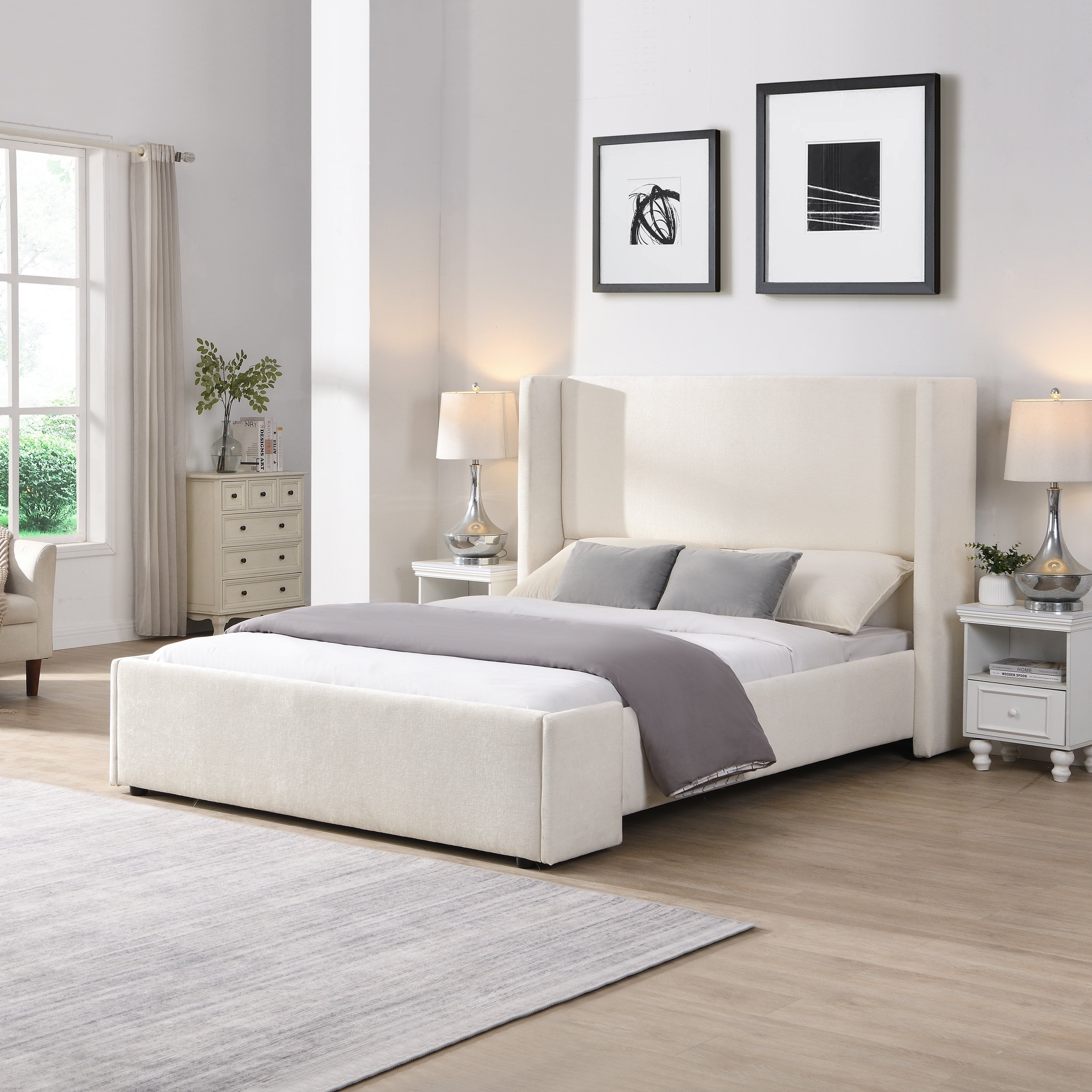 Queen King Elegant White Fabric Upholstered Bed With Tall Wingback Headboard