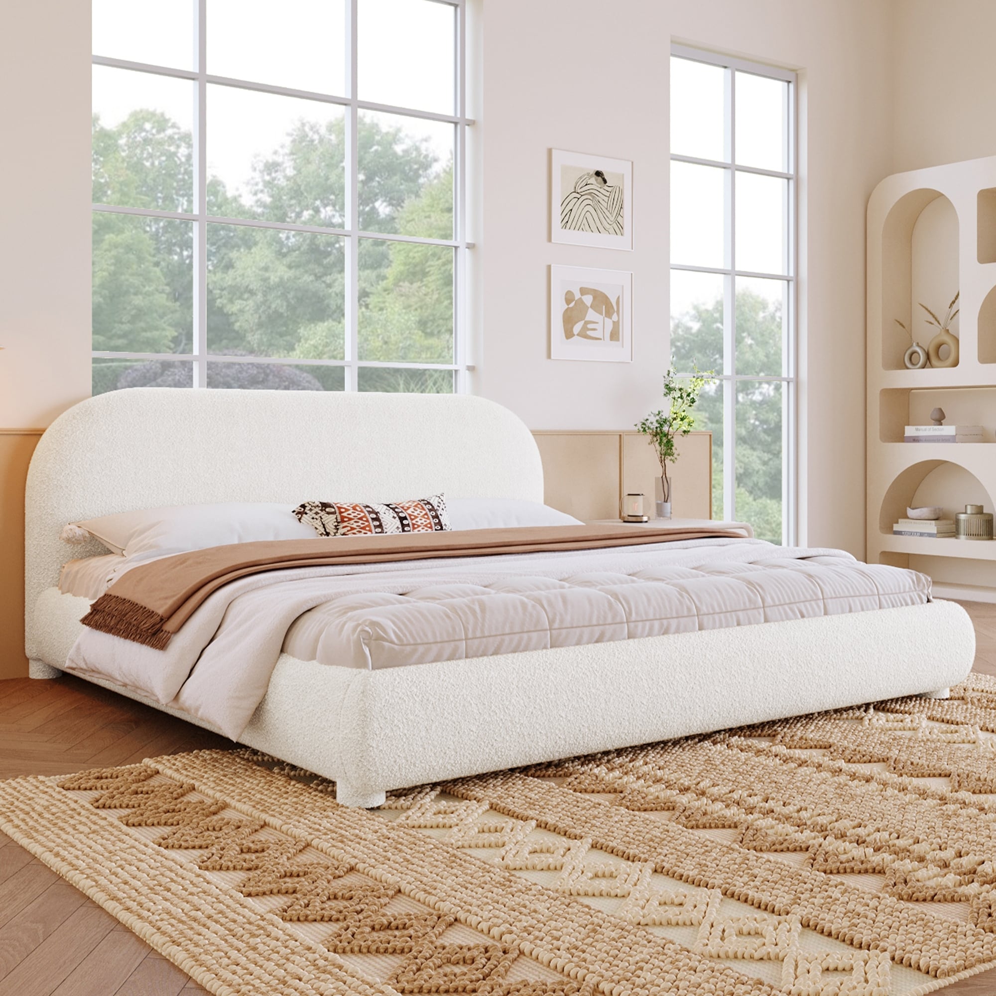 Queen King Fabric Upholstered Bed With Curved Aesthetic Headboard
