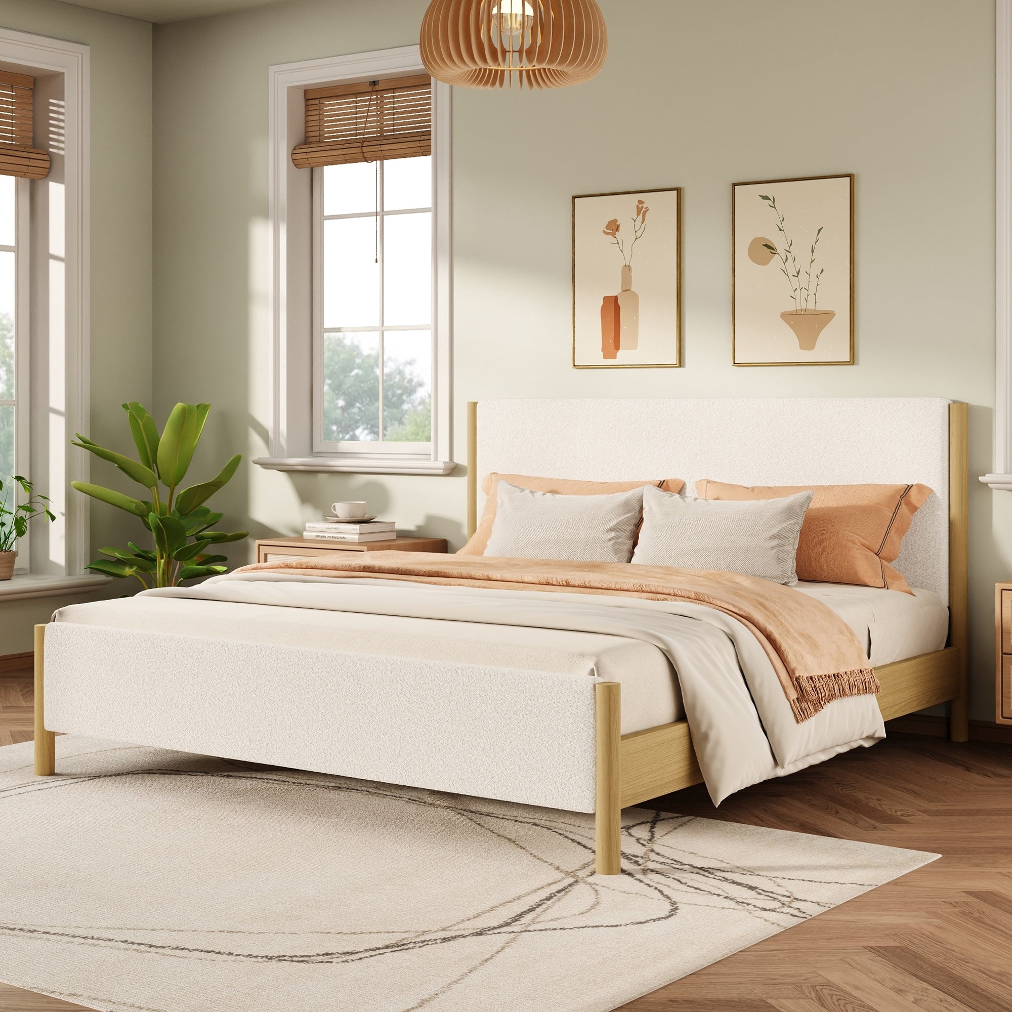 Queen King Modern White Boucle Upholstered Bed With Rubberwood Legs