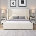 Queen King White Upholstered Bed With Tall Headboard And Soft Touch Fabric