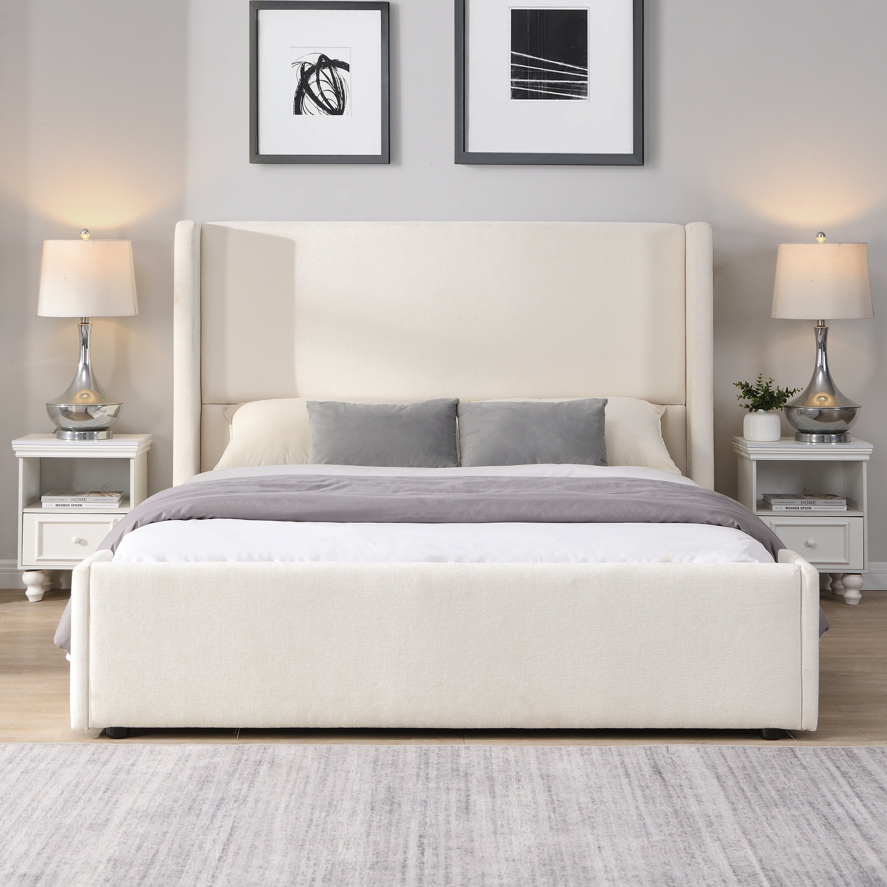 Queen King White Upholstered Bed With Tall Headboard And Soft Touch Fabric