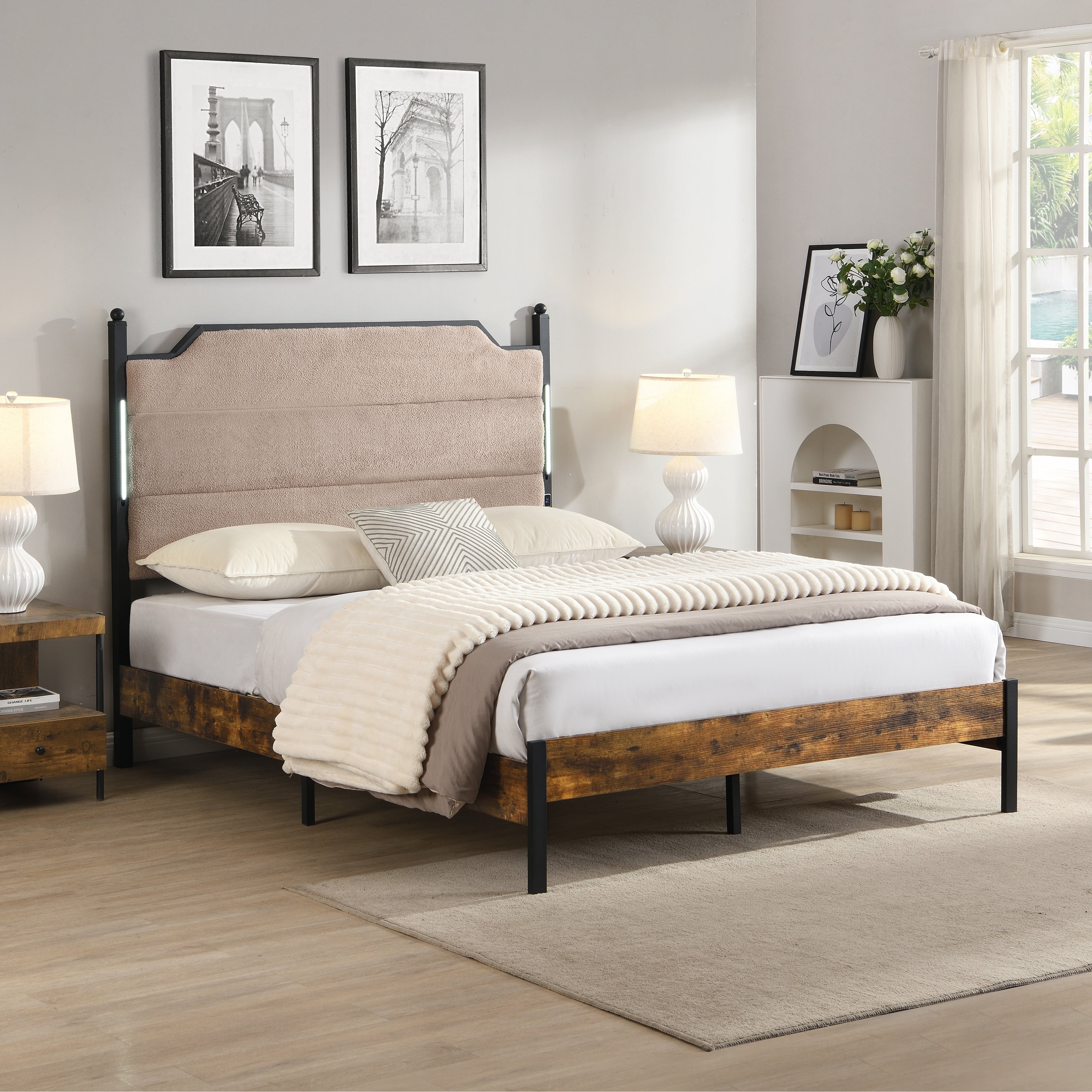 Queen Bed Frame Upholstered Headboard With Charging And Touch Sensitive Led Lights Under Bed Storage No Box Spring Needed