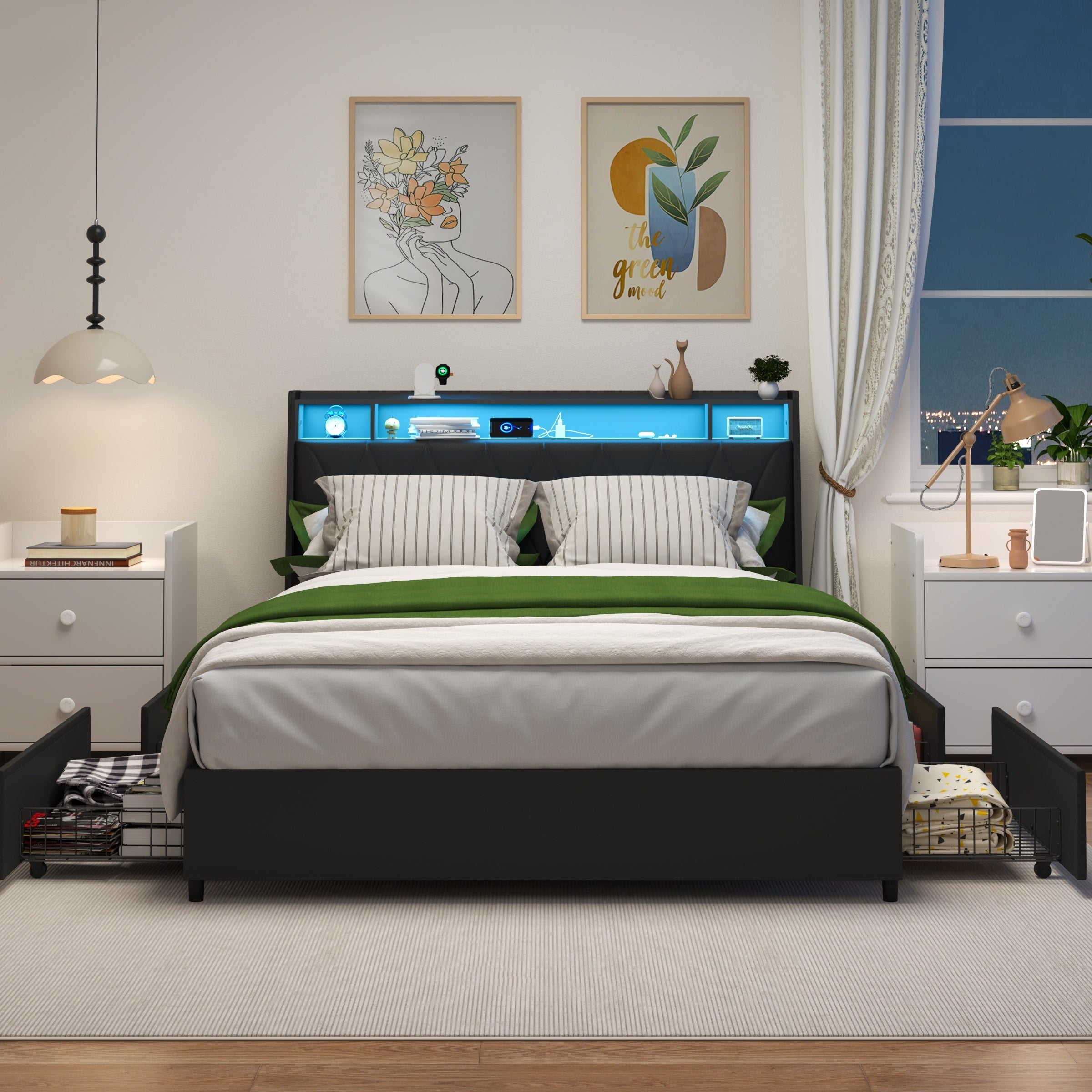 Queen Bed Frame With Ergonomic Headboard Platform Bed Frame With Outlets Charger Led Light With Storage Shelf