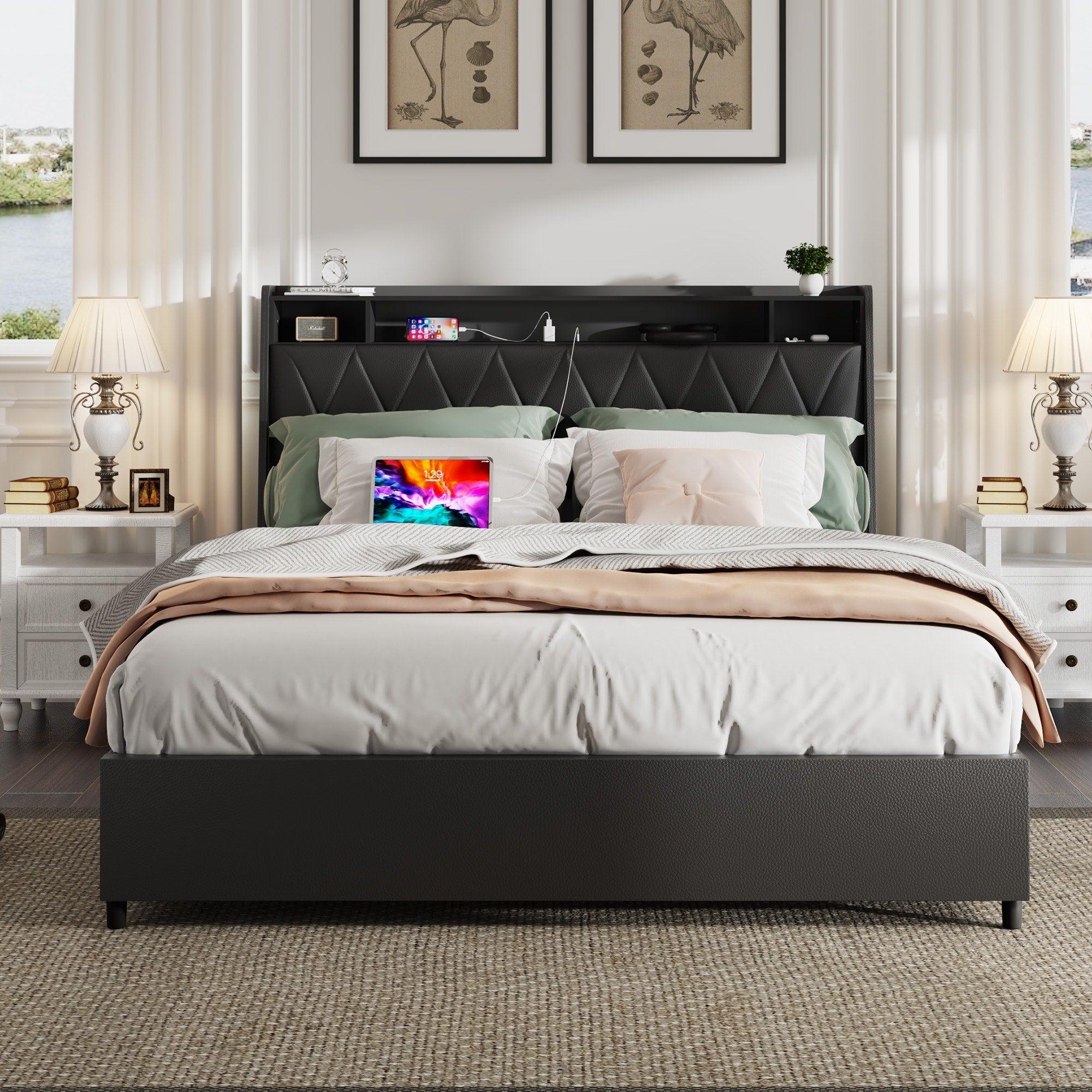 Queen Bed Frame With Ergonomic Headboard Platform Bed Frame With Outlets Charger Metal Bed Frame With Storage Shelf