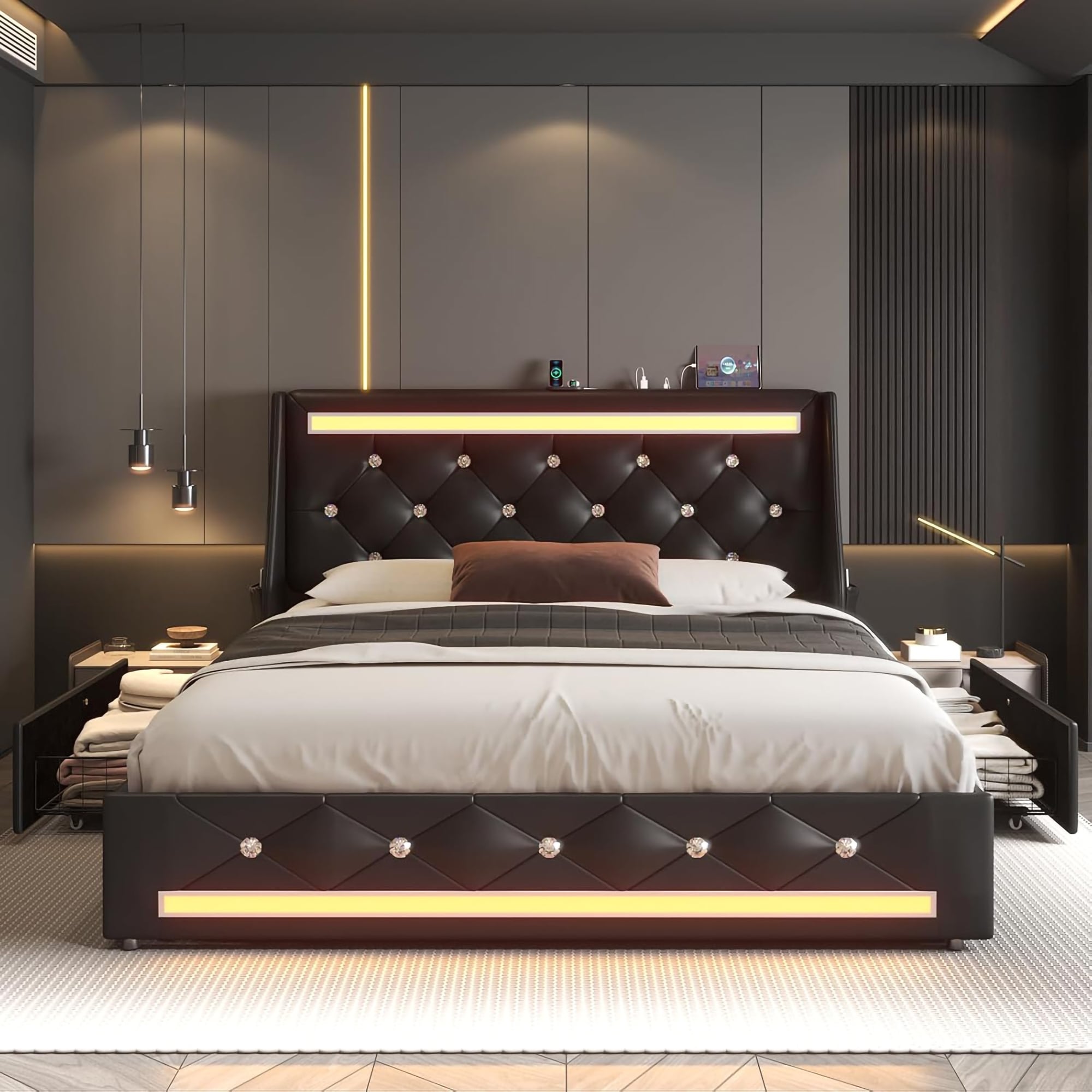 Queen Bed Frame With Led Lights Upholstered Bed Frame With Charging Station Platform Bed With Diamond Headboard Wooden Slats
