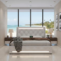 Queen Bed Frame With Led Lights Upholstered Bed Frame With Charging Station Platform Bed With Diamond Headboard Wooden Slats