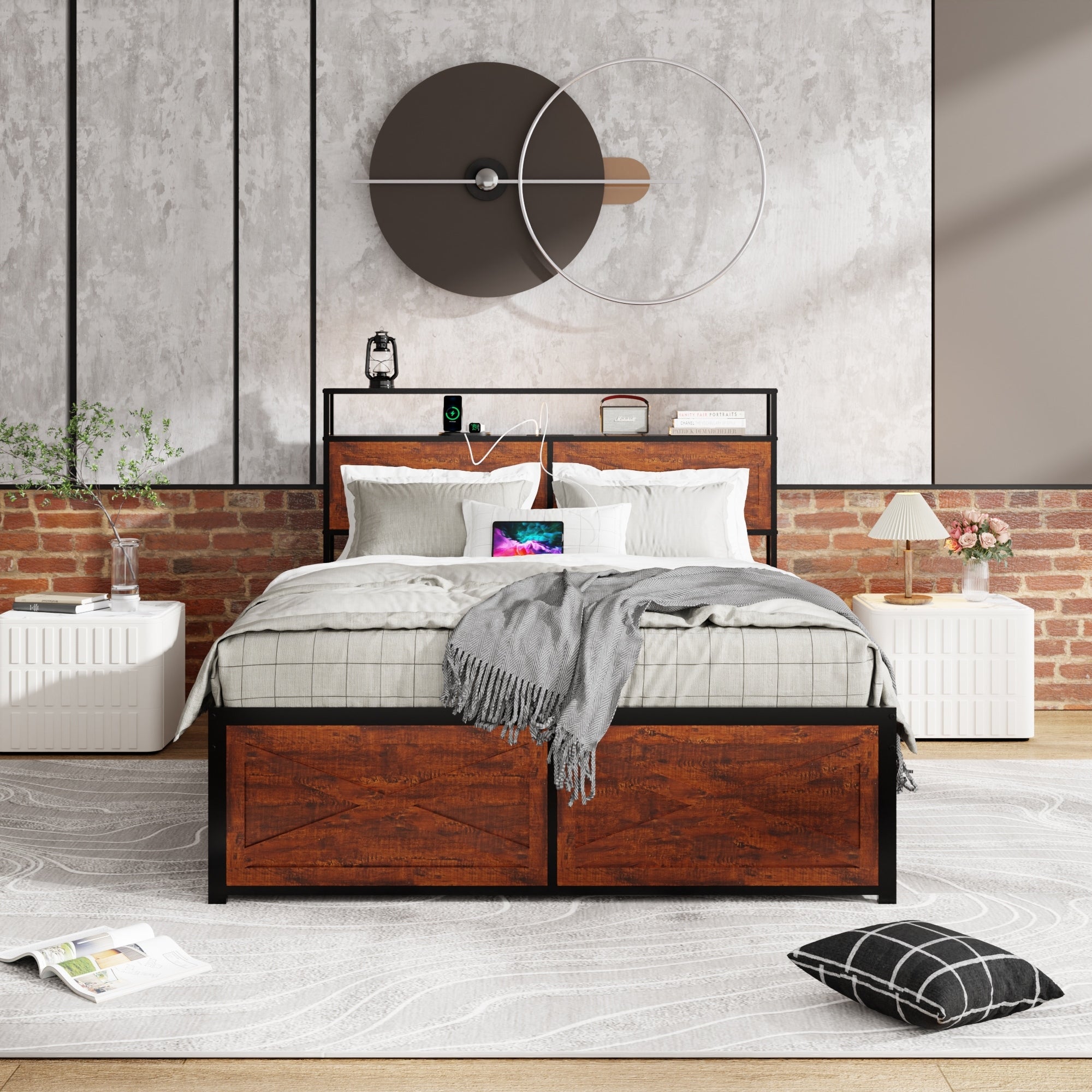 Queen Bed Frame With Storage Headboard And 12 Drawers Led Lights Metal Slats Support No Box Spring Needed