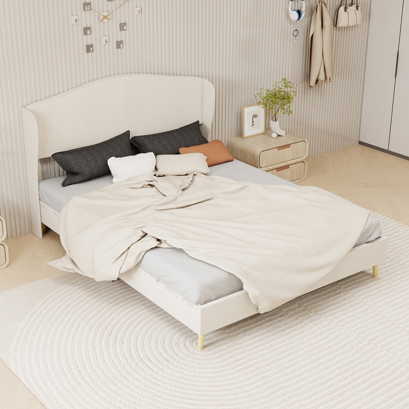 Queen Beige Upholstered Platform Bed Frame With Headboard For Bedroom
